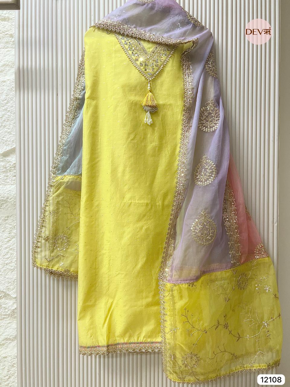 Yellow Pure Shimmer Tissue Silk Unstitched Hand Embroidered -Set Of 3 - {12108}