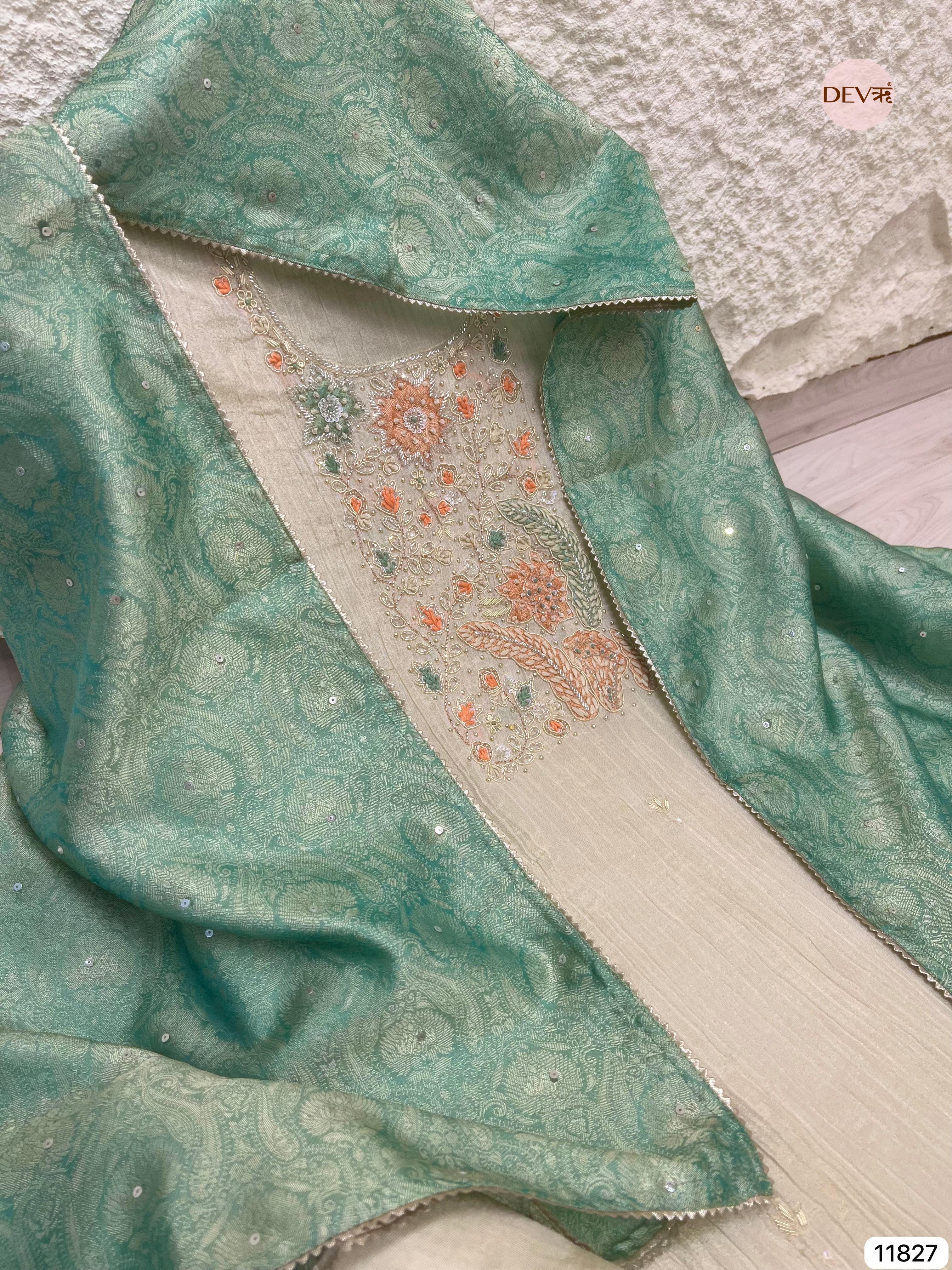 Off White Pure Tissue Crush Silk Unstitched Hand Embroidered -Set Of 3- {11827}