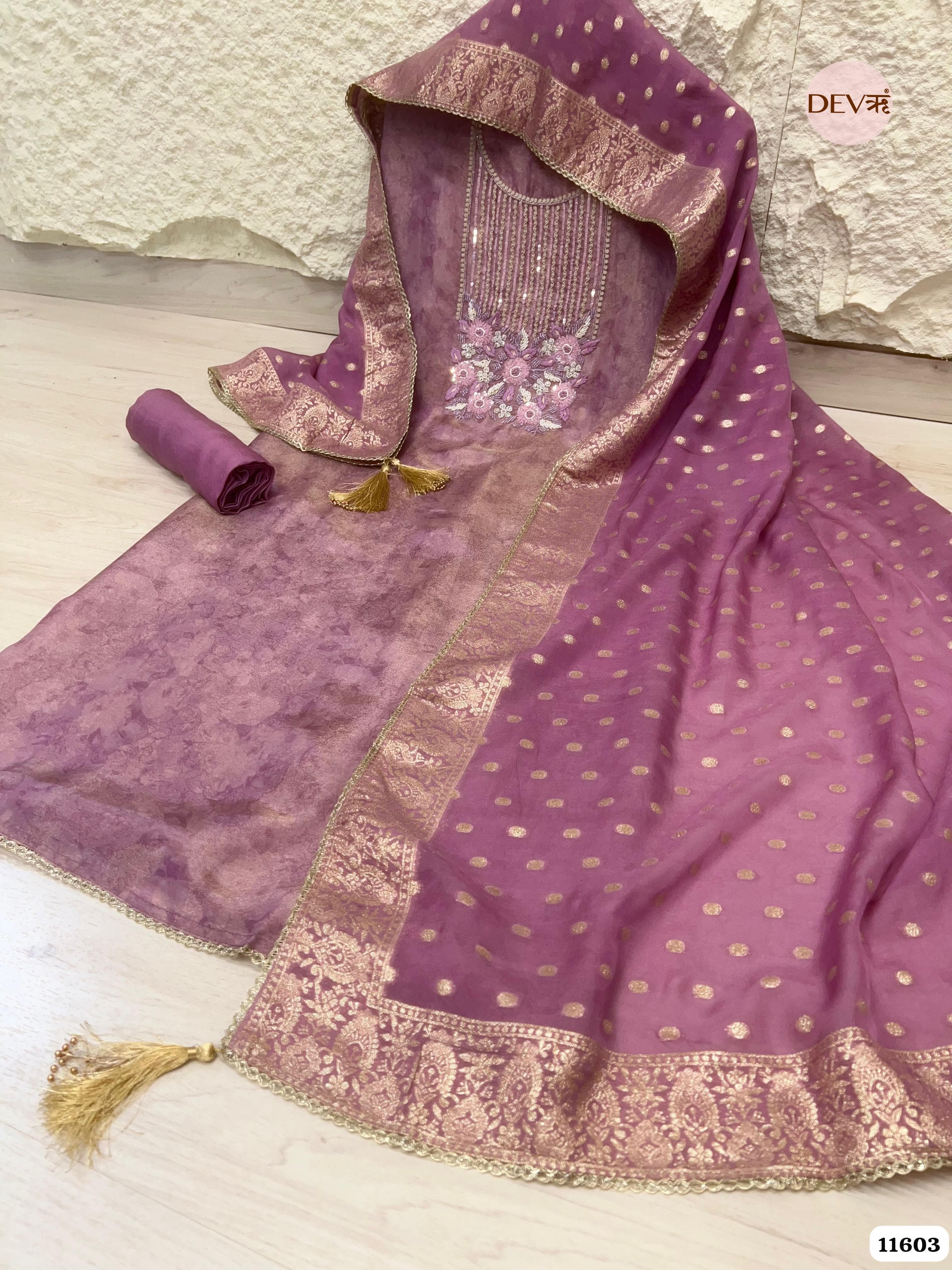 Purple Tissue Silk Unstitched Hand Embroidered -Set Of 3 {11603}