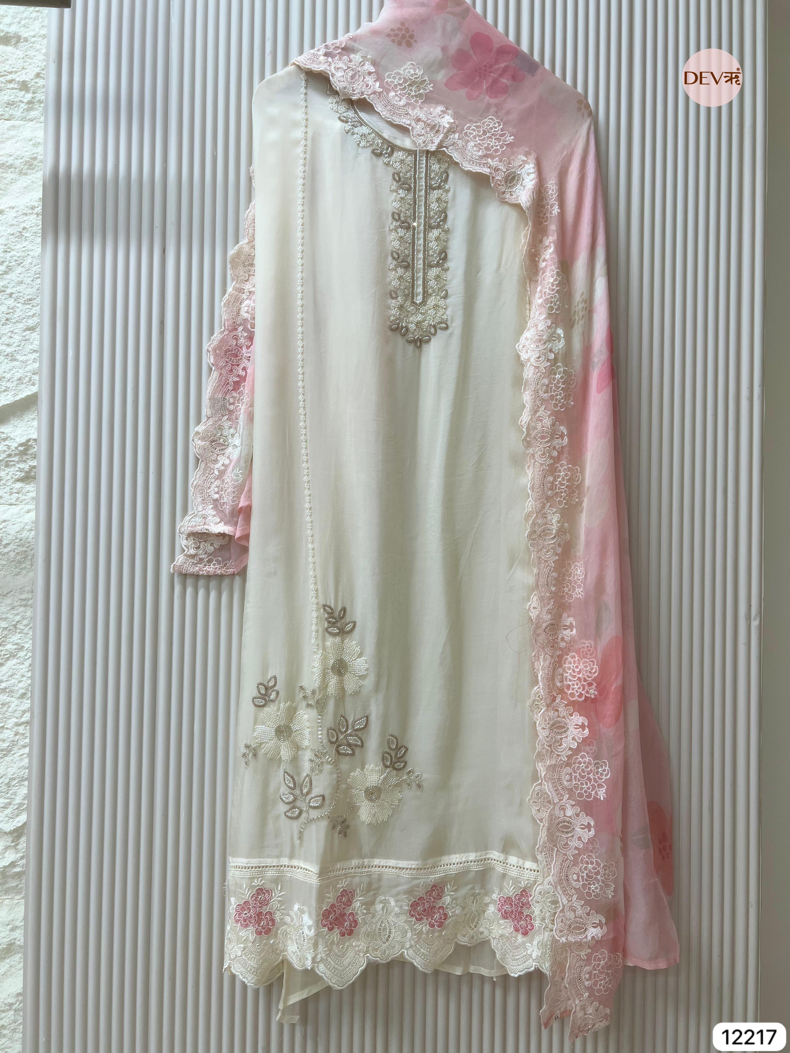 Ivory Pure Organza Embroidered Unstitched 3-Piece Suit (Devri – D.No 12217)
