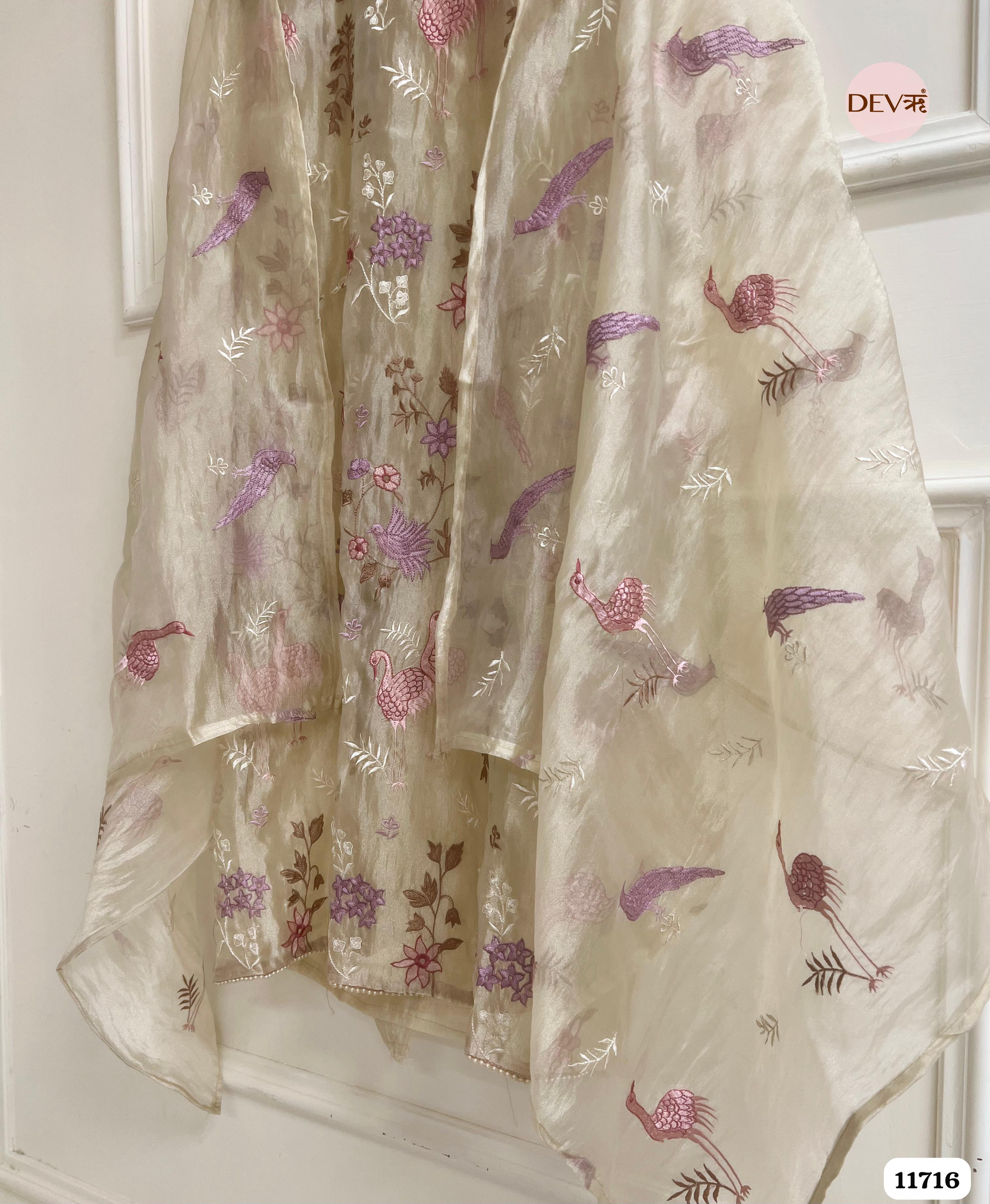 Creamy White Tissue Organza Silk Unstitched Embroidered -Set Of 3 - {11716}