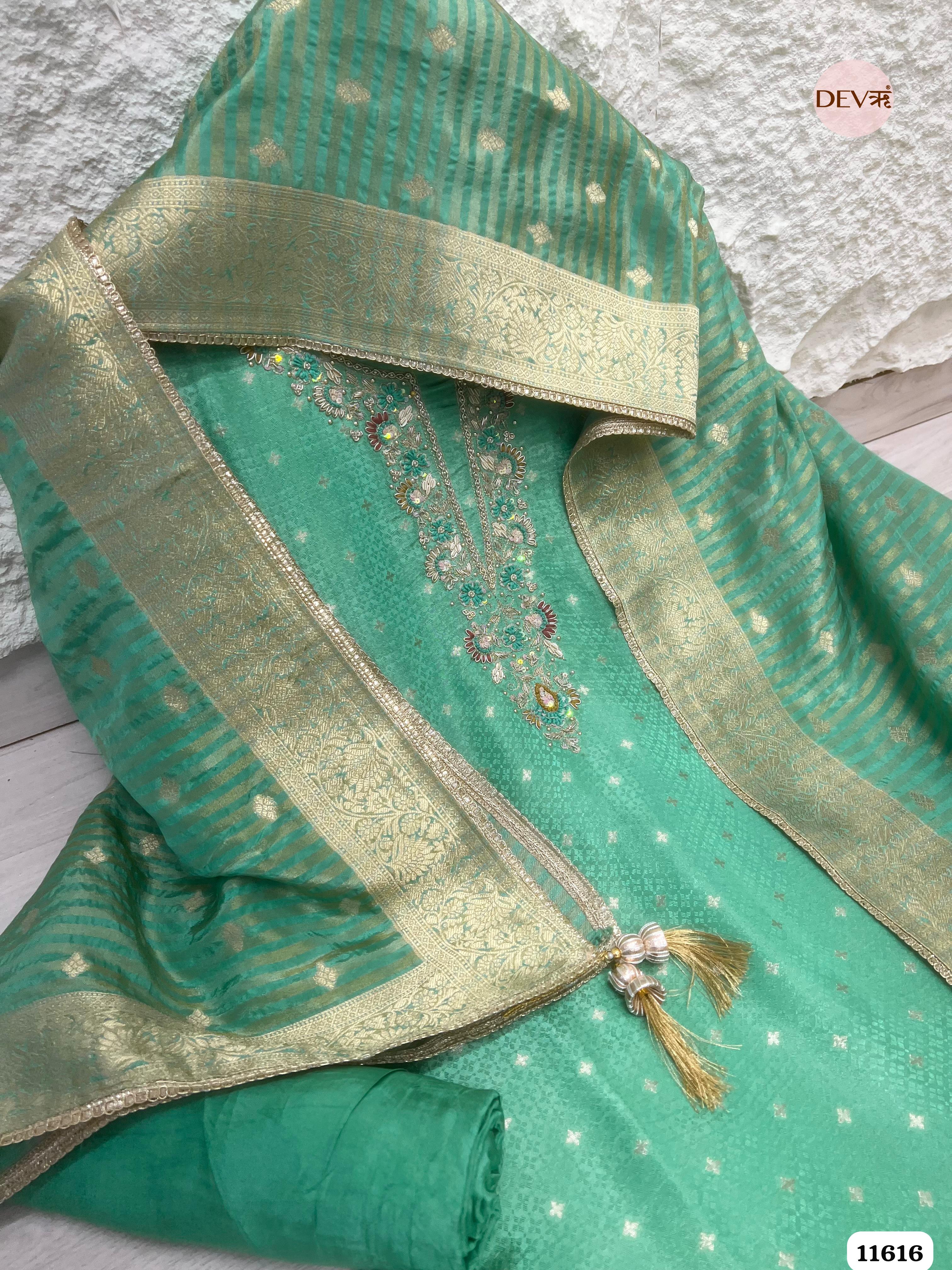 Green Pure Tissue Banarasi Silk Unstitched Hand Embroidered -Set Of 3 {11616}
