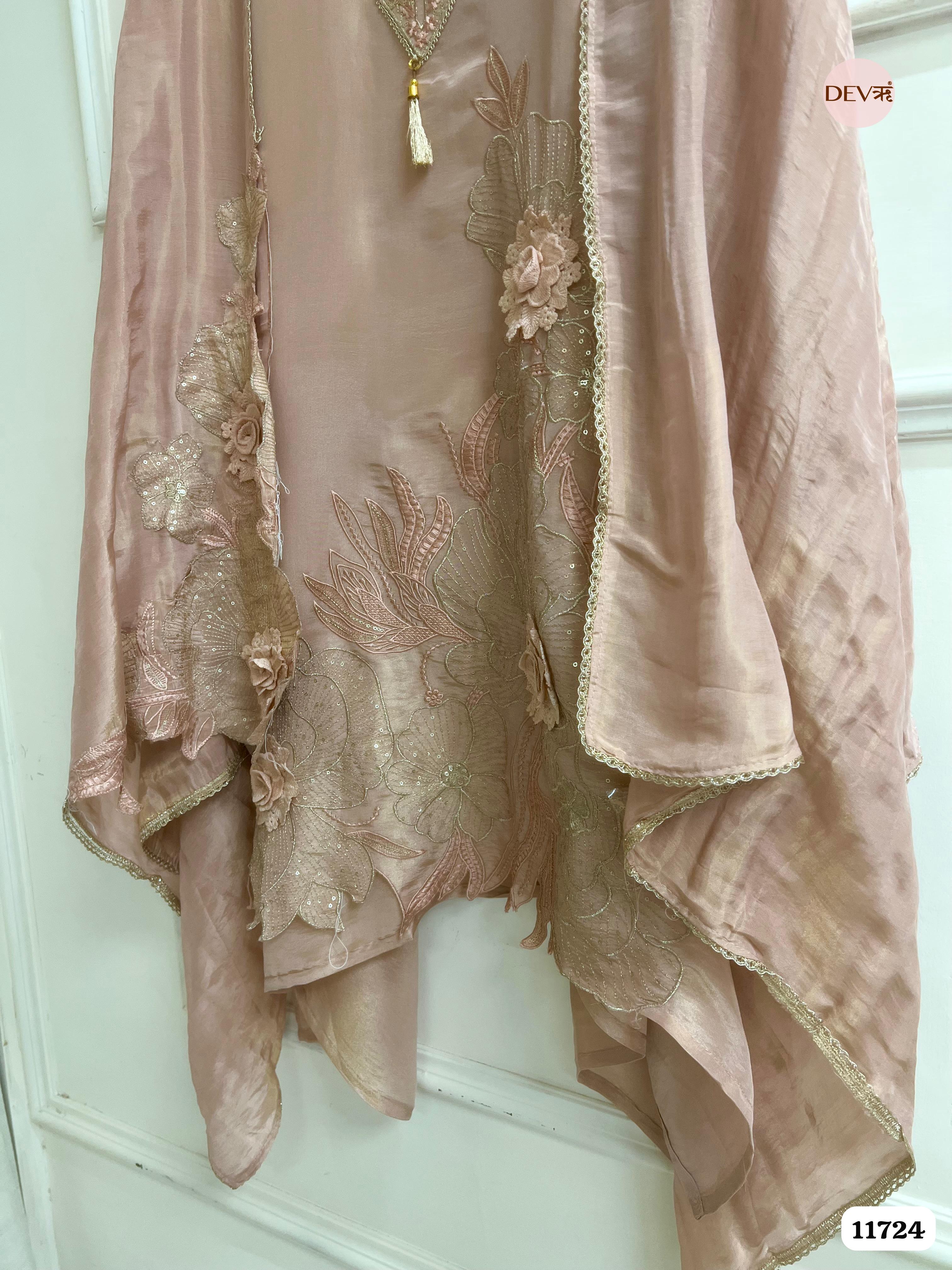 Beige Tissue Shimmer Silk Unstitched Embroidered -Set Of 3- {11724}