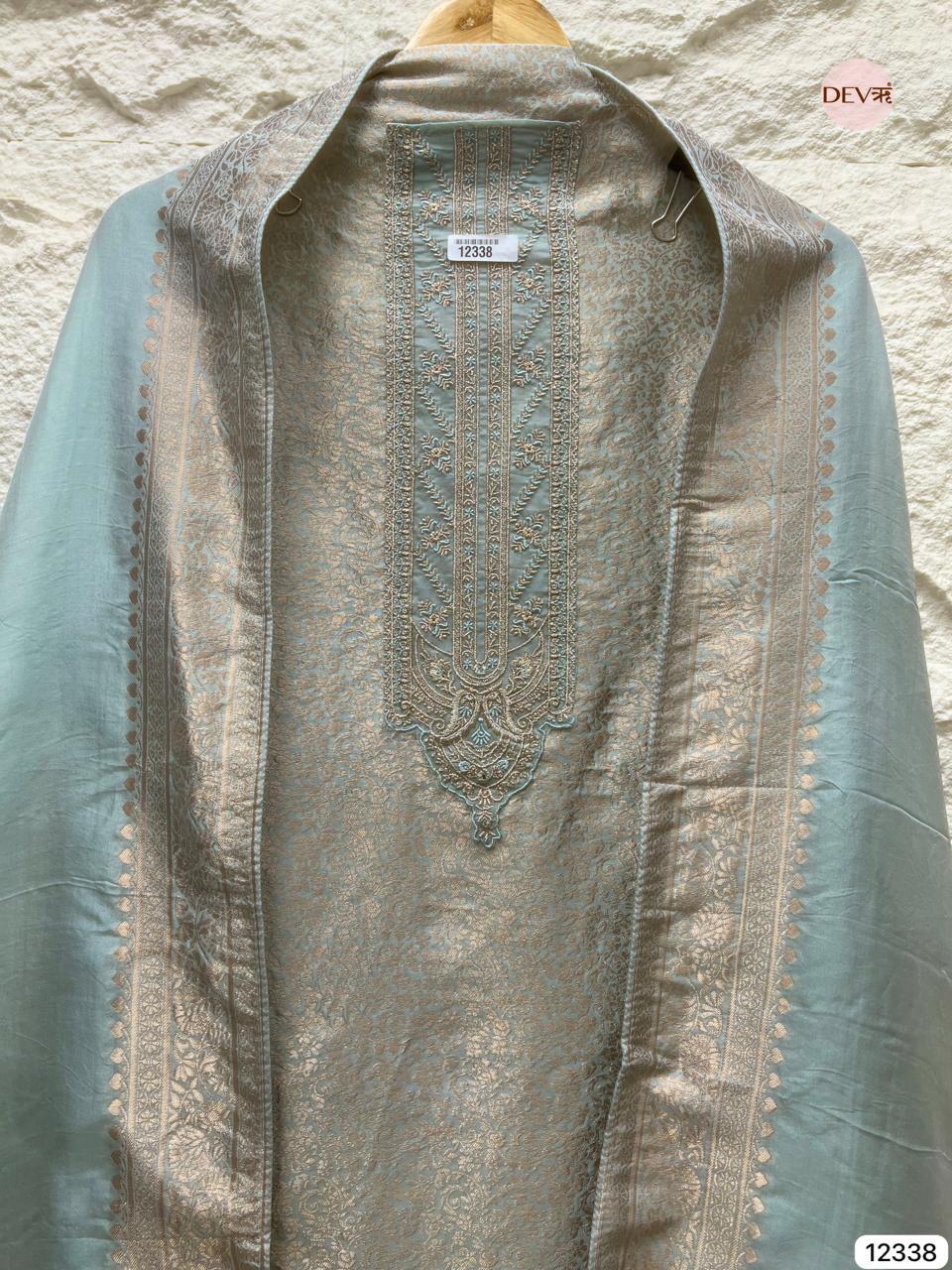 Powder Blue Pure Banarasi Silk Embroidered Unstitched 3-Piece Suit (Devri – D.No 12338)
