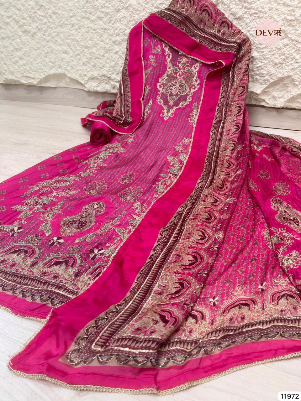 Fuchsia Pink Muslin Printed Unstitched 3-Piece Suit (Devri – D.No 11972)