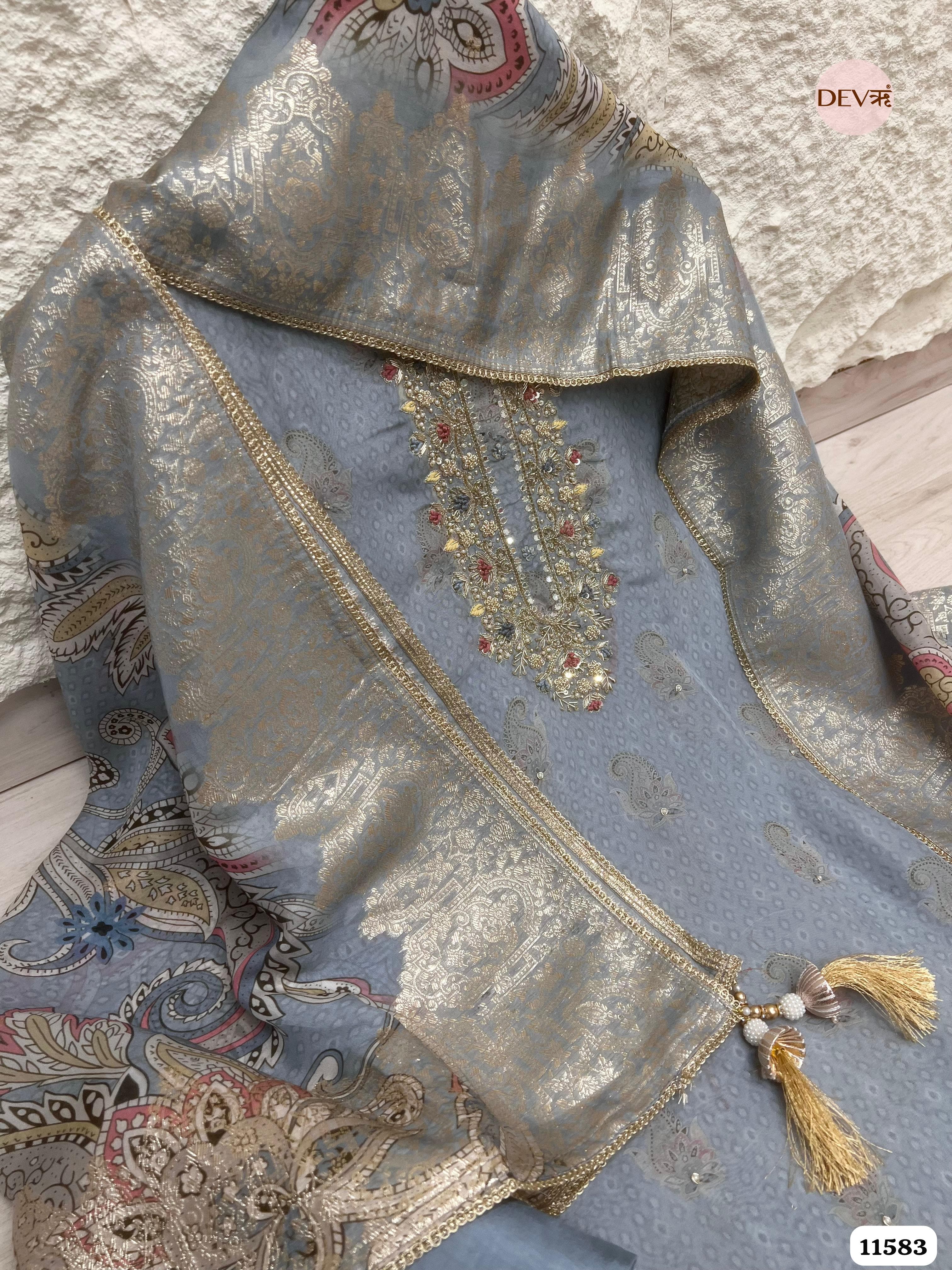 Light Grey Pure Silk Unstitched Printed Hand Embroidered -Set Of 3 {11583}