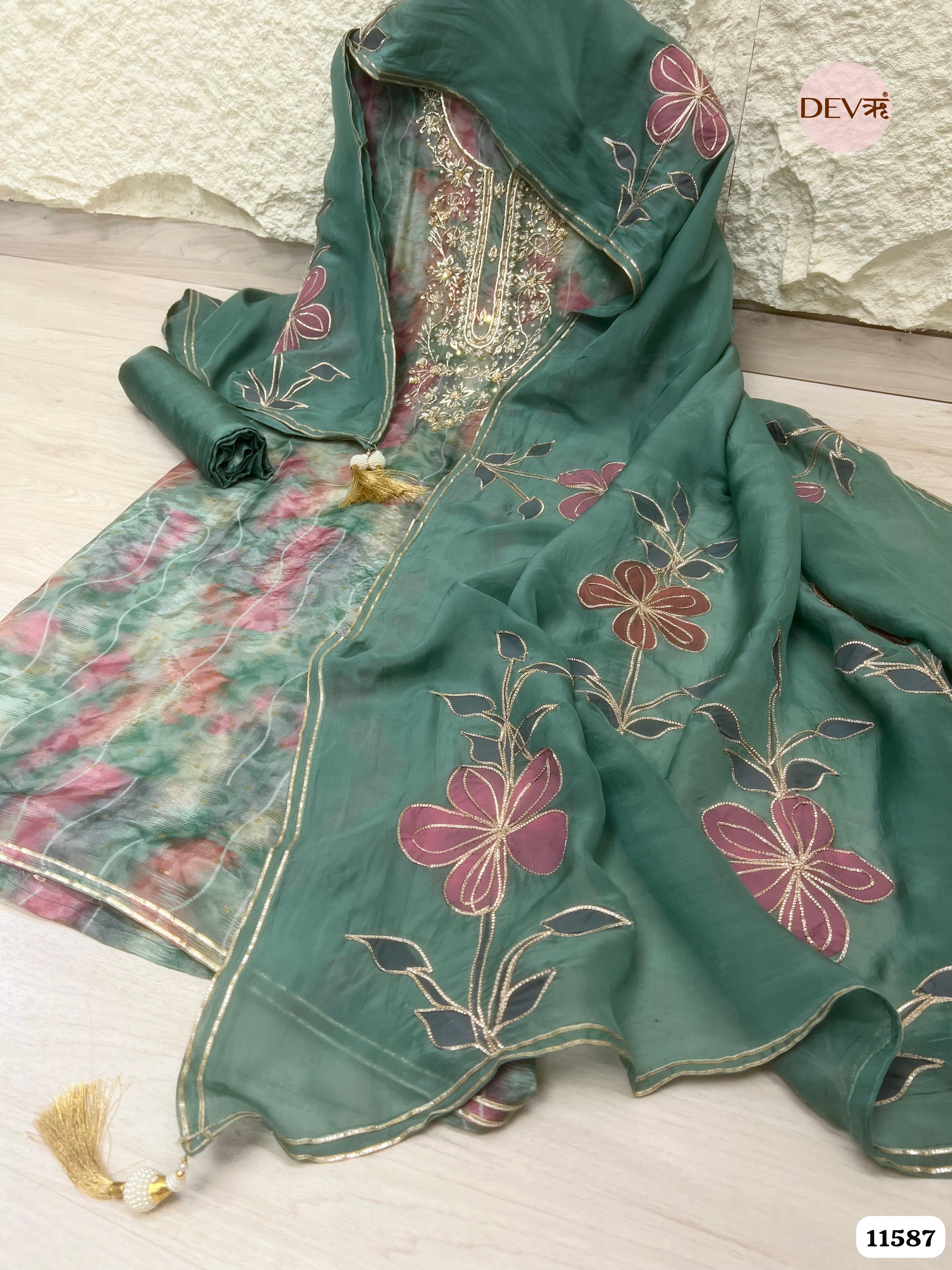 Green Pure Organza Silk Printed Unstitched Hand Embroidered -Set Of 3 {11587}