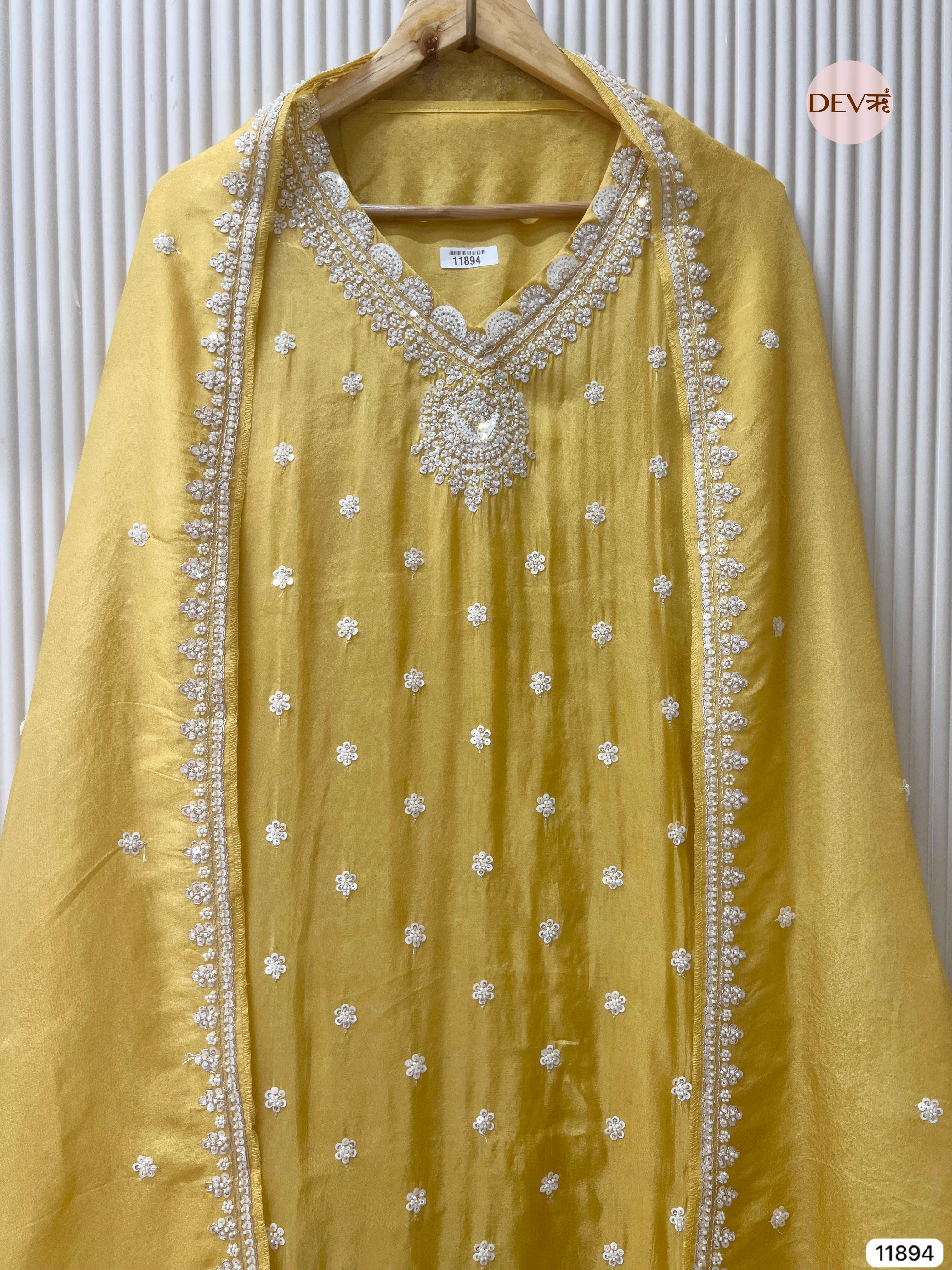 Yellow Shimmer Tissue Silk Unstitched Embroidered -Set Of 3- {11894}