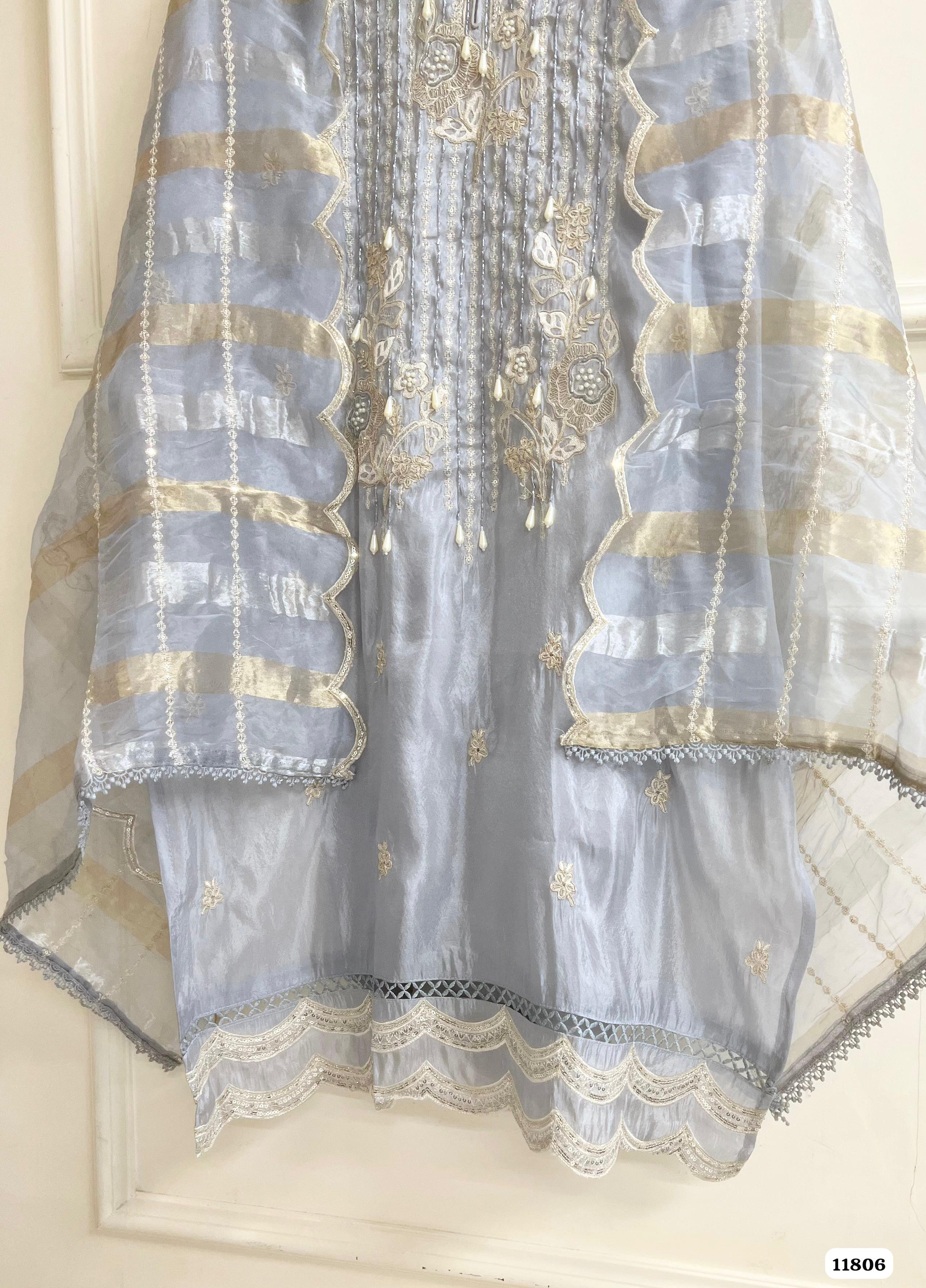 Light Grey Tissue silk unstitched Hand Embroidered -Set Of 3 {11806}