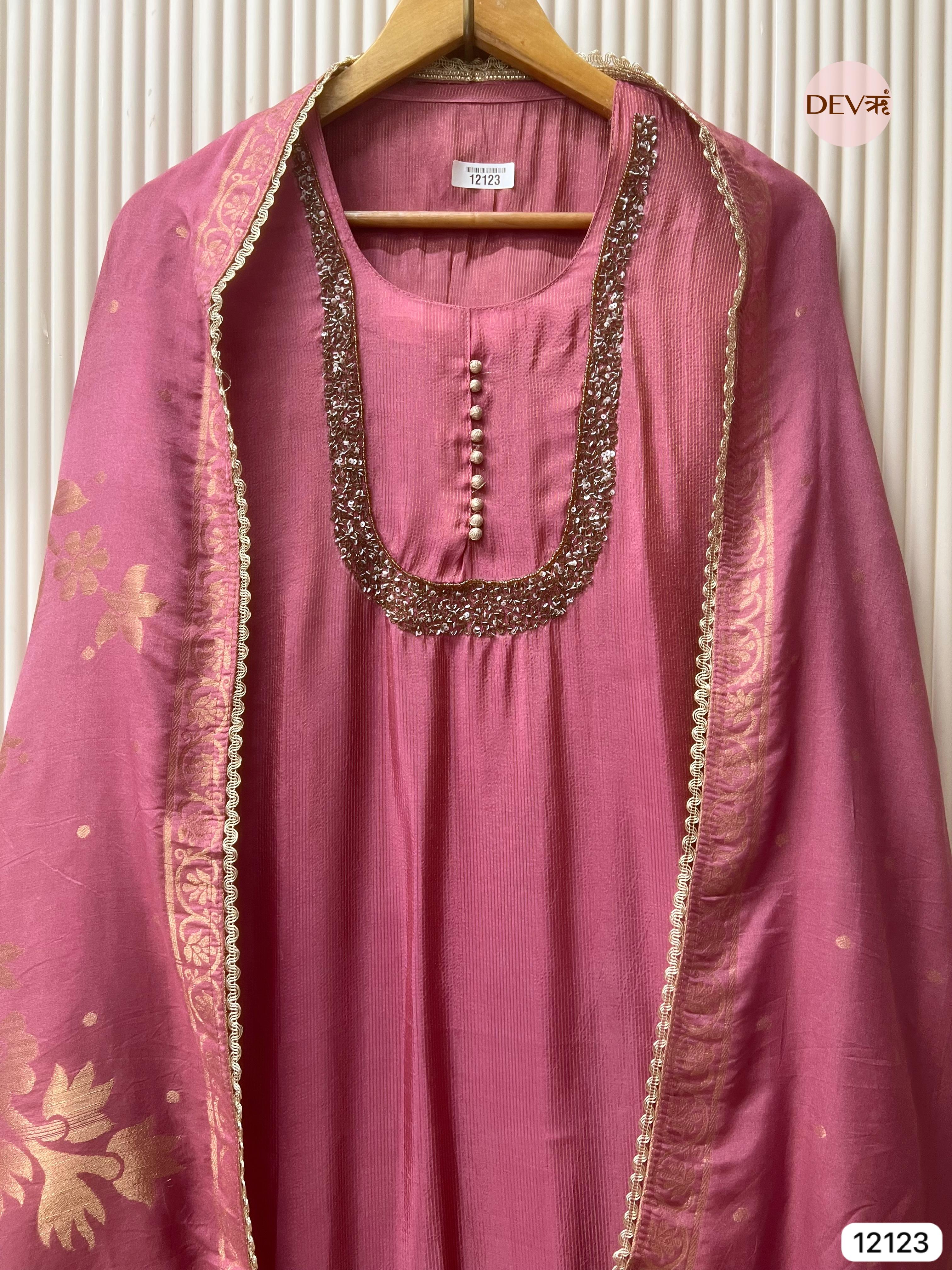 Pink Shimmer Silk Unstitched Hand Embroidered -Set Of 3 - {12123}
