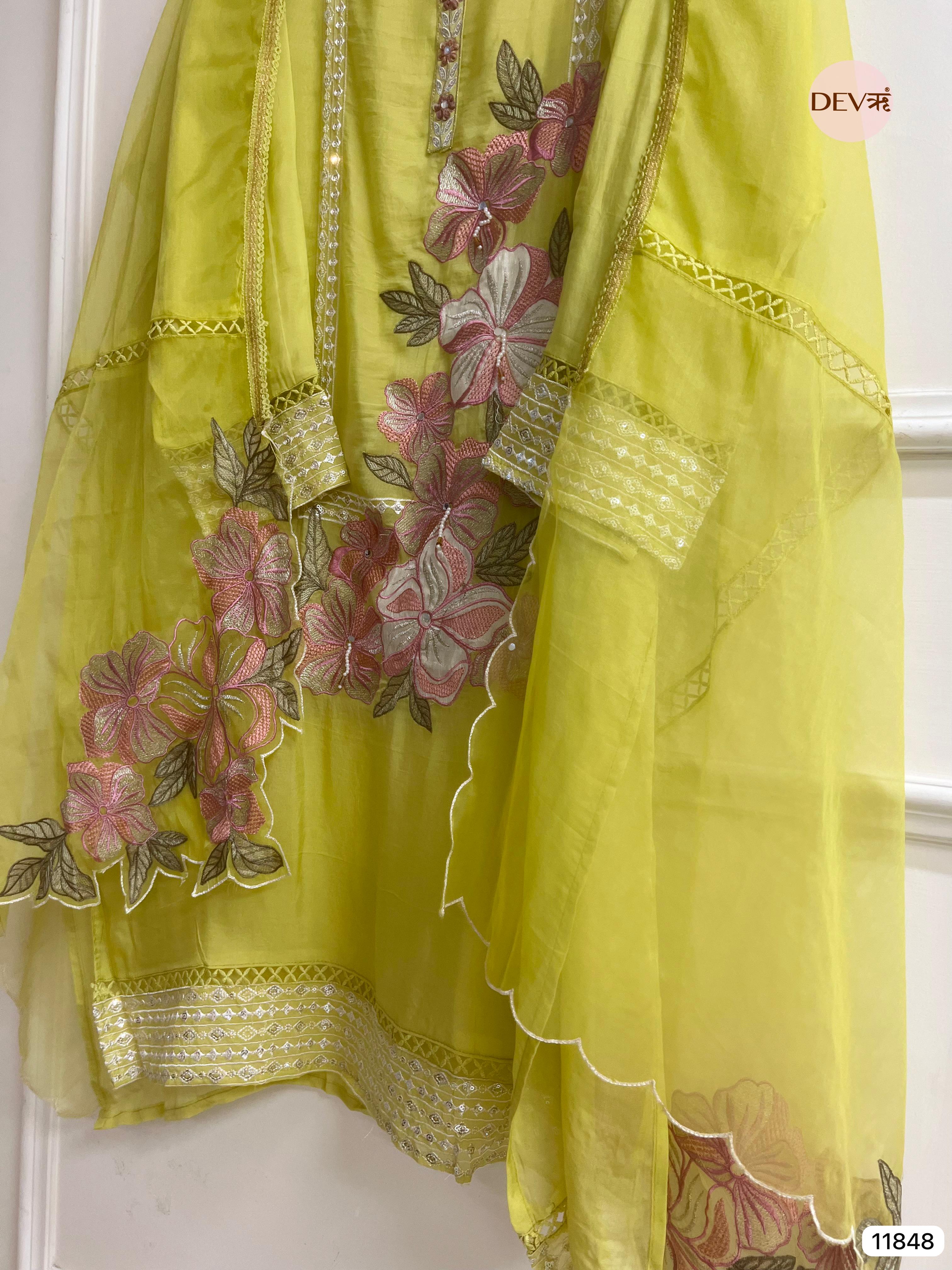 Lime Green Organza Semi Stitched Embroidered -Set Of 3- {11848}