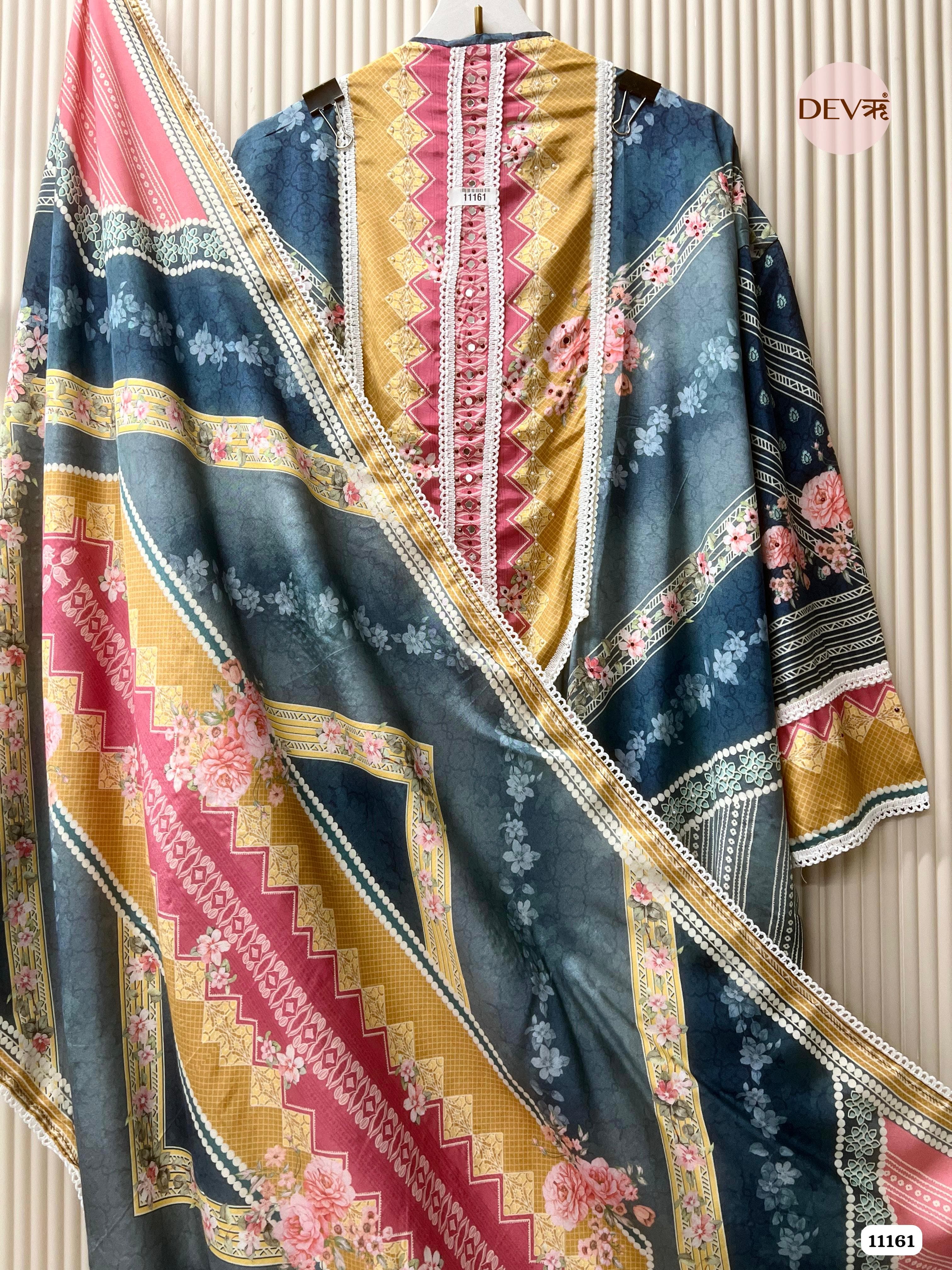 Blue Muslin Printed Semi Stitched Hand Embroidered -Set Of 3 {11161}