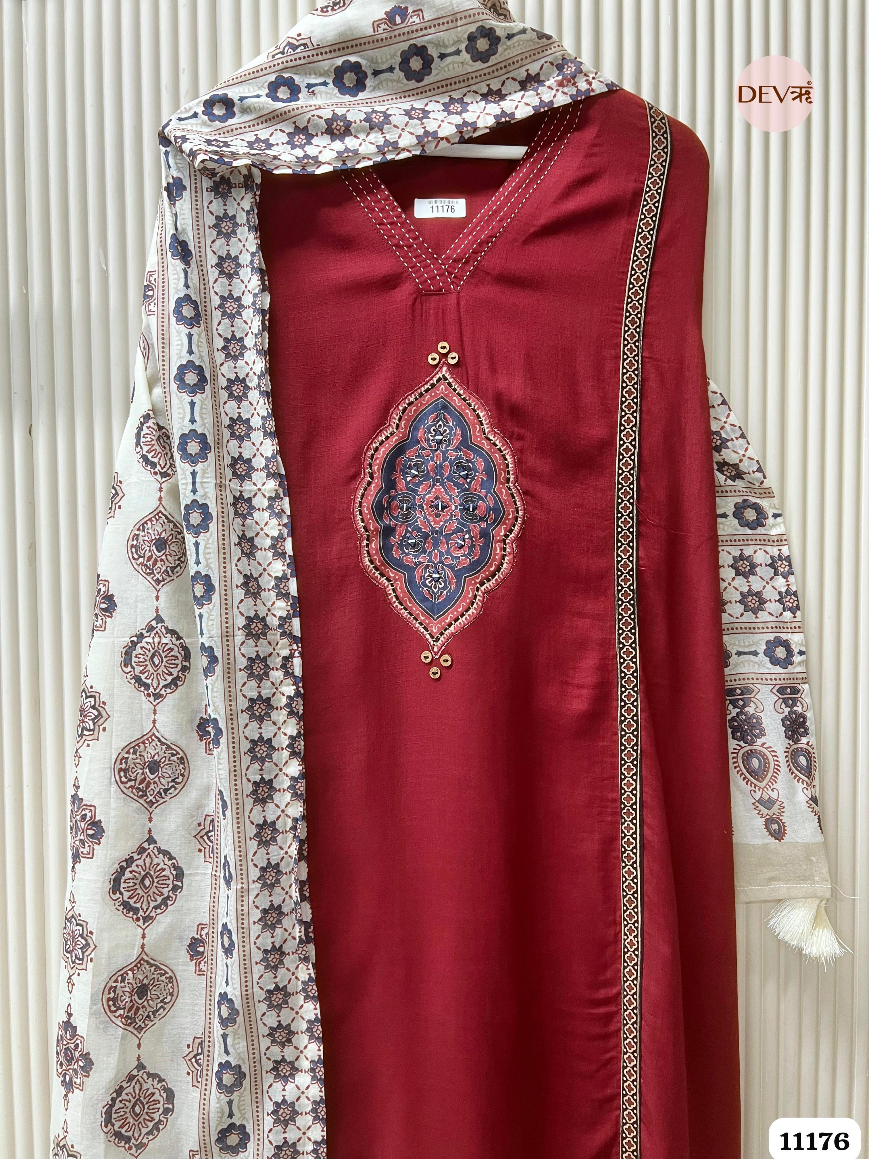 Maroon Slub Cotton Unstitched Hand Embroidered -Set Of 3 {11176}