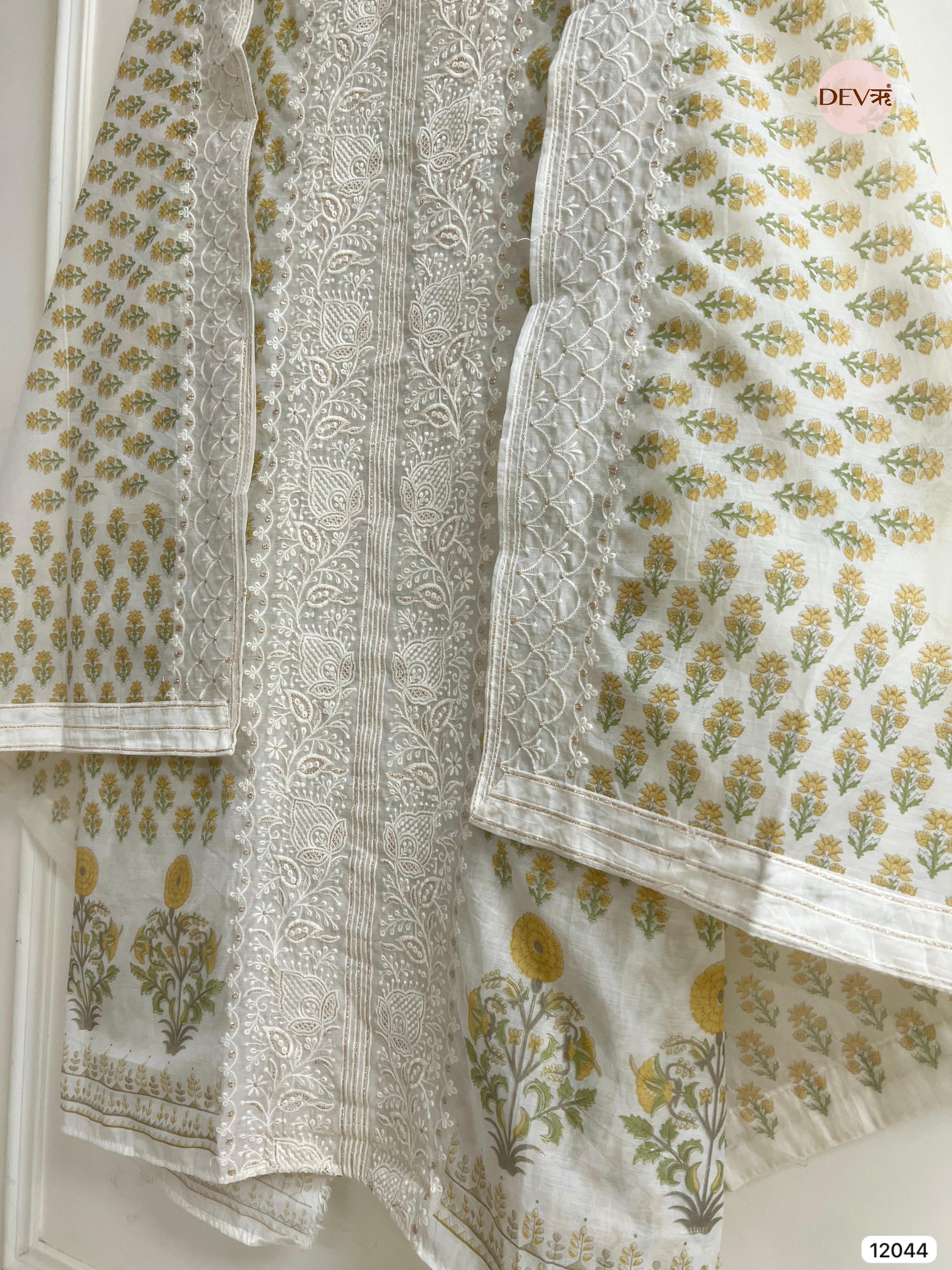 Off White Mul Chanderi Unstitched Block Printed Lucknawi Embroidered -Set Of 3 - {12044}