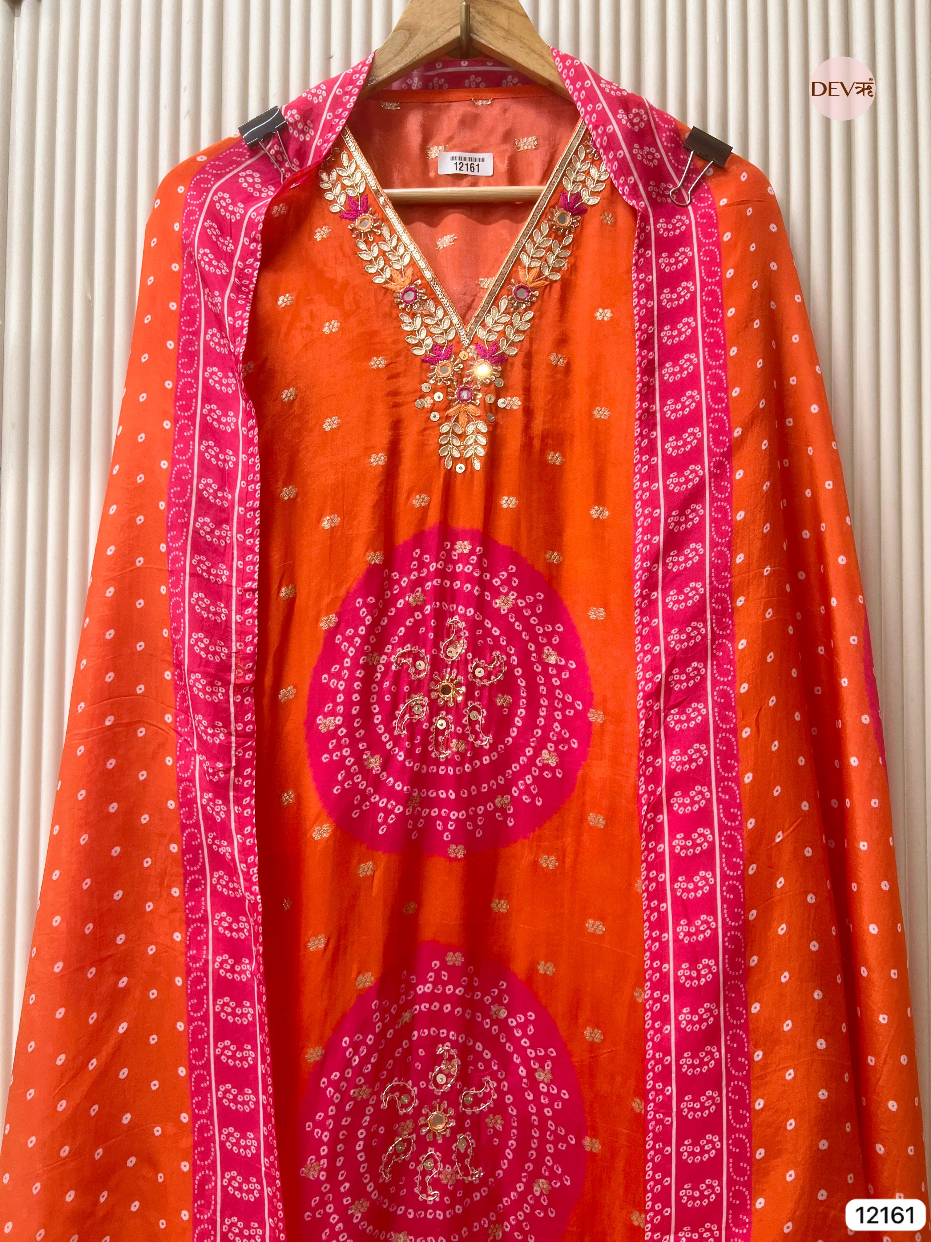 Orange Pure Shimmer Organza Silk Unstitched Banarasi Woven Bandhani Printed Hand Embroidered -Set Of 3 - {12161}