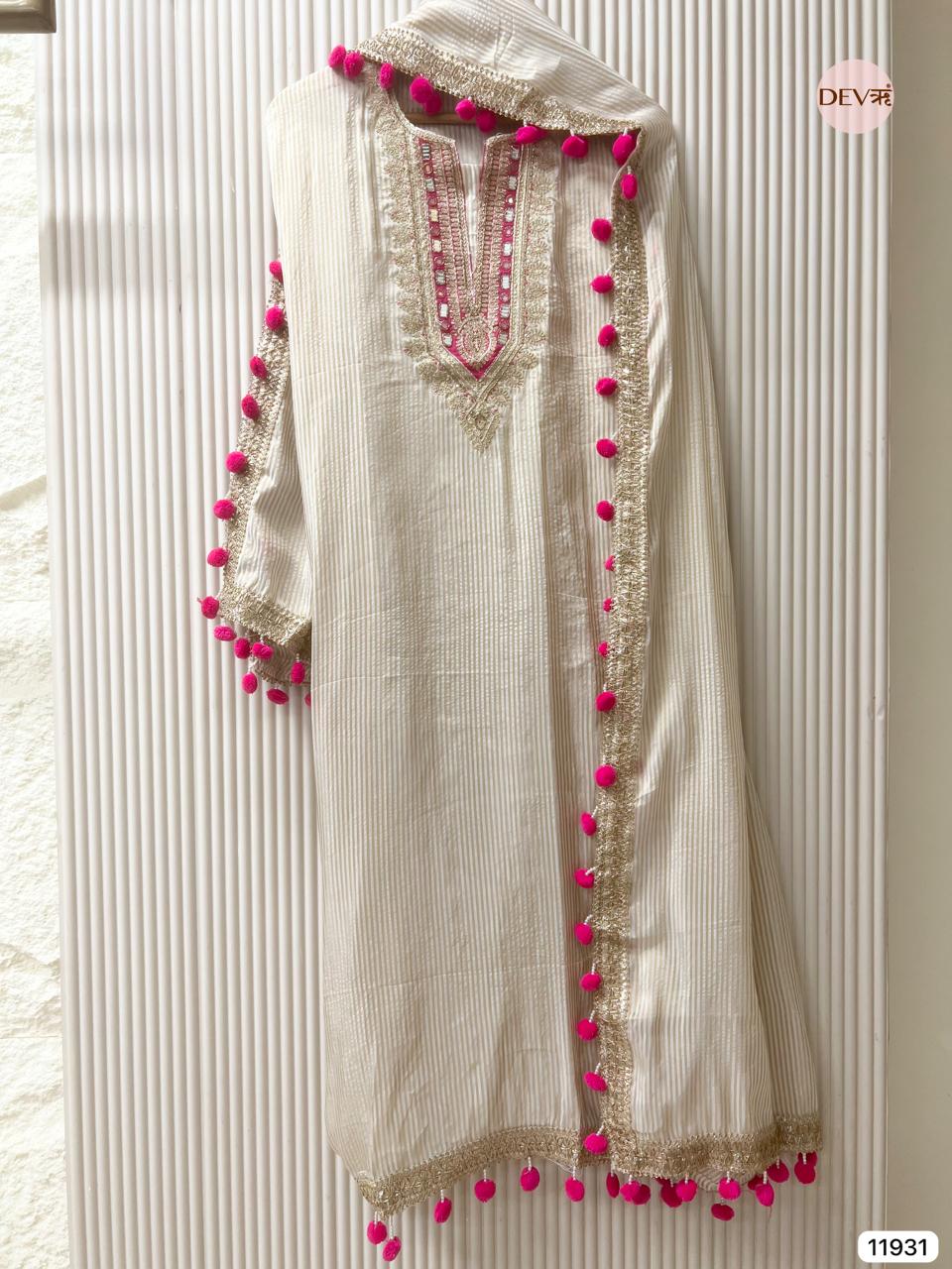 Cream Colour Tissue Shimmer Silk Unstitched Hand Embroidered -Set Of 3 - {11931}