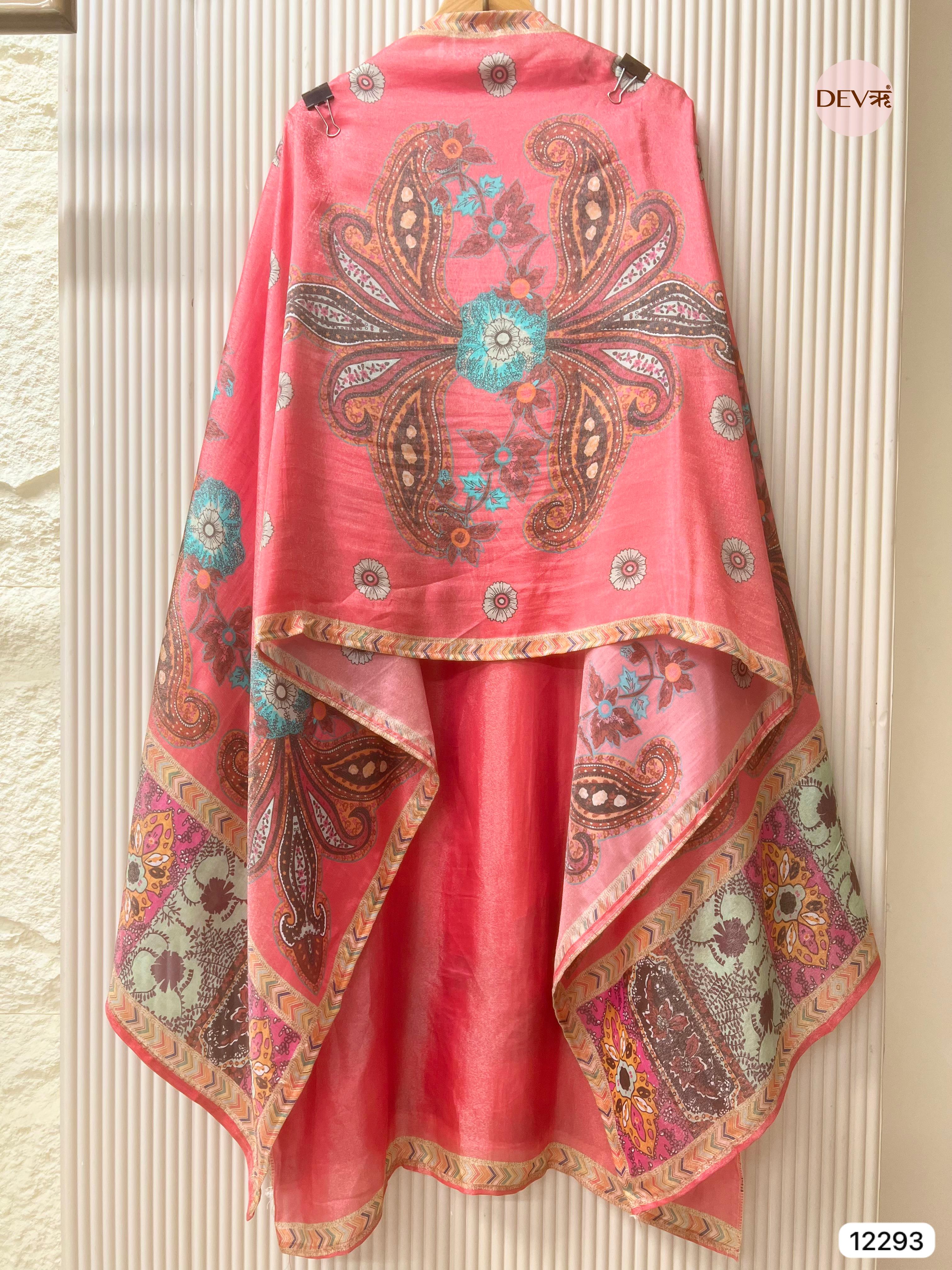 Coral Pink Shimmer Silk Printed Unstitched 3-Piece Suit (Devri – D.No 12293)