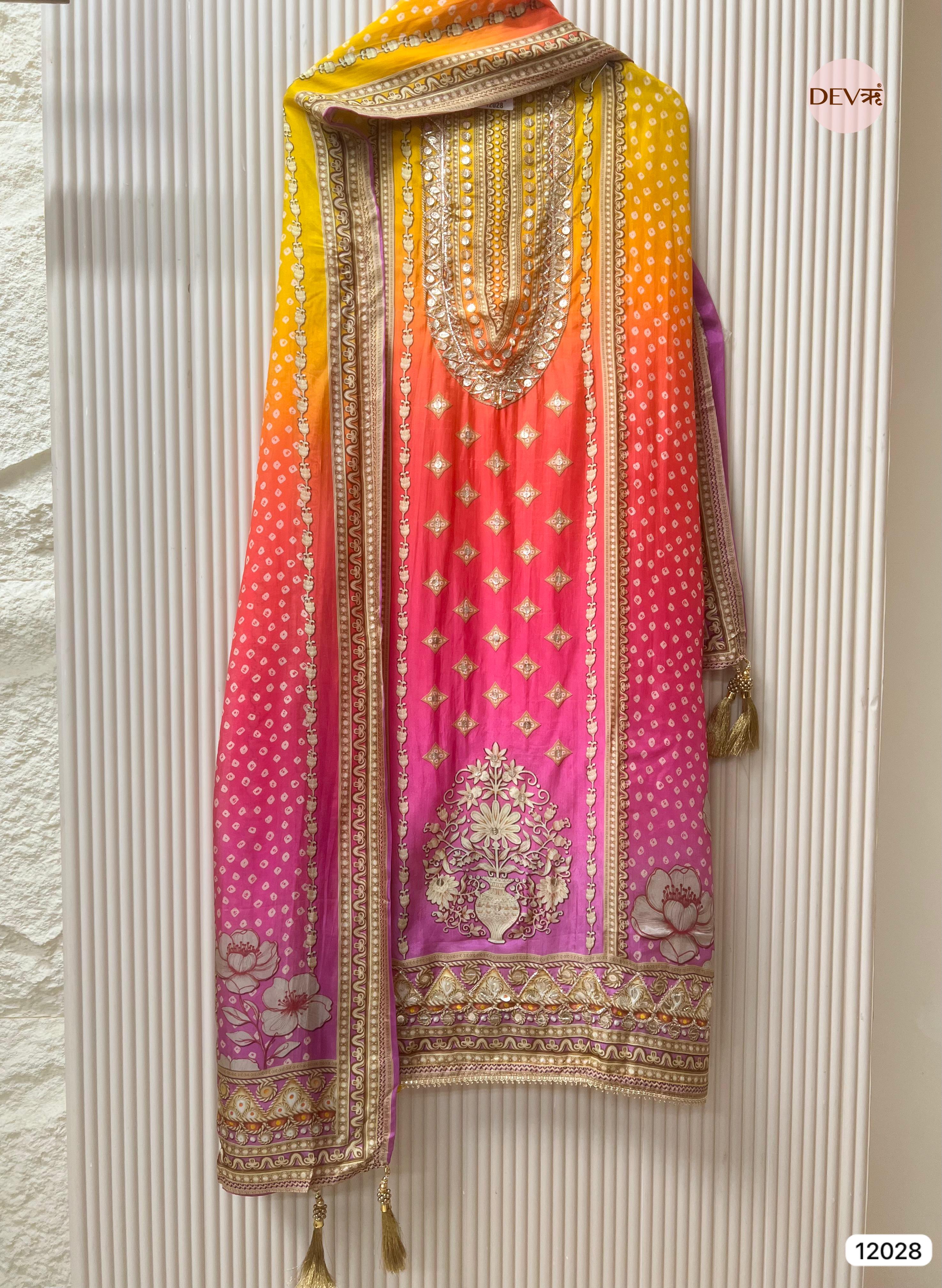 Multi Colour Glass Unstitched Printed Hand Embroidered -Set Of 3 - {12028}