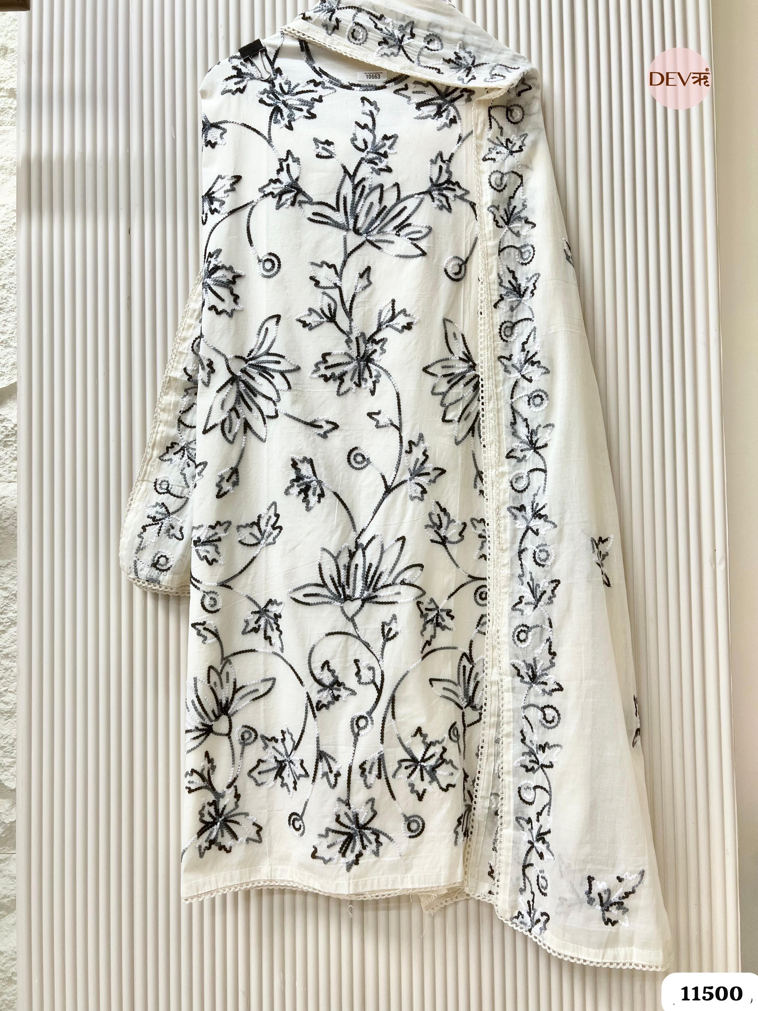 Black & white Pure Cotton Unstitched Embroidered -Set Of 6 {11500}