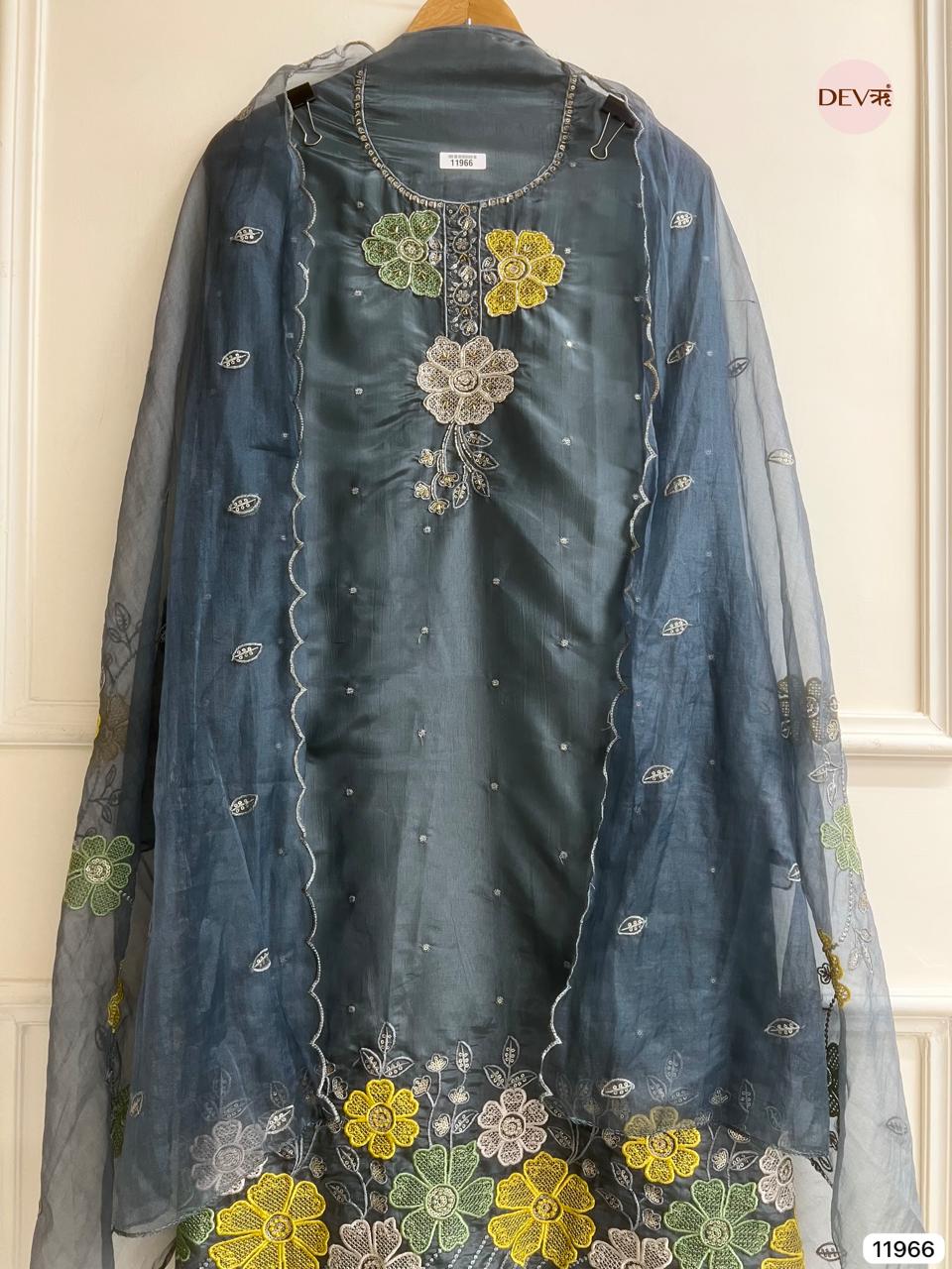 Blue Tissue Shimmer Silk Unstitched Embroidered -Set Of 3 - {11966}