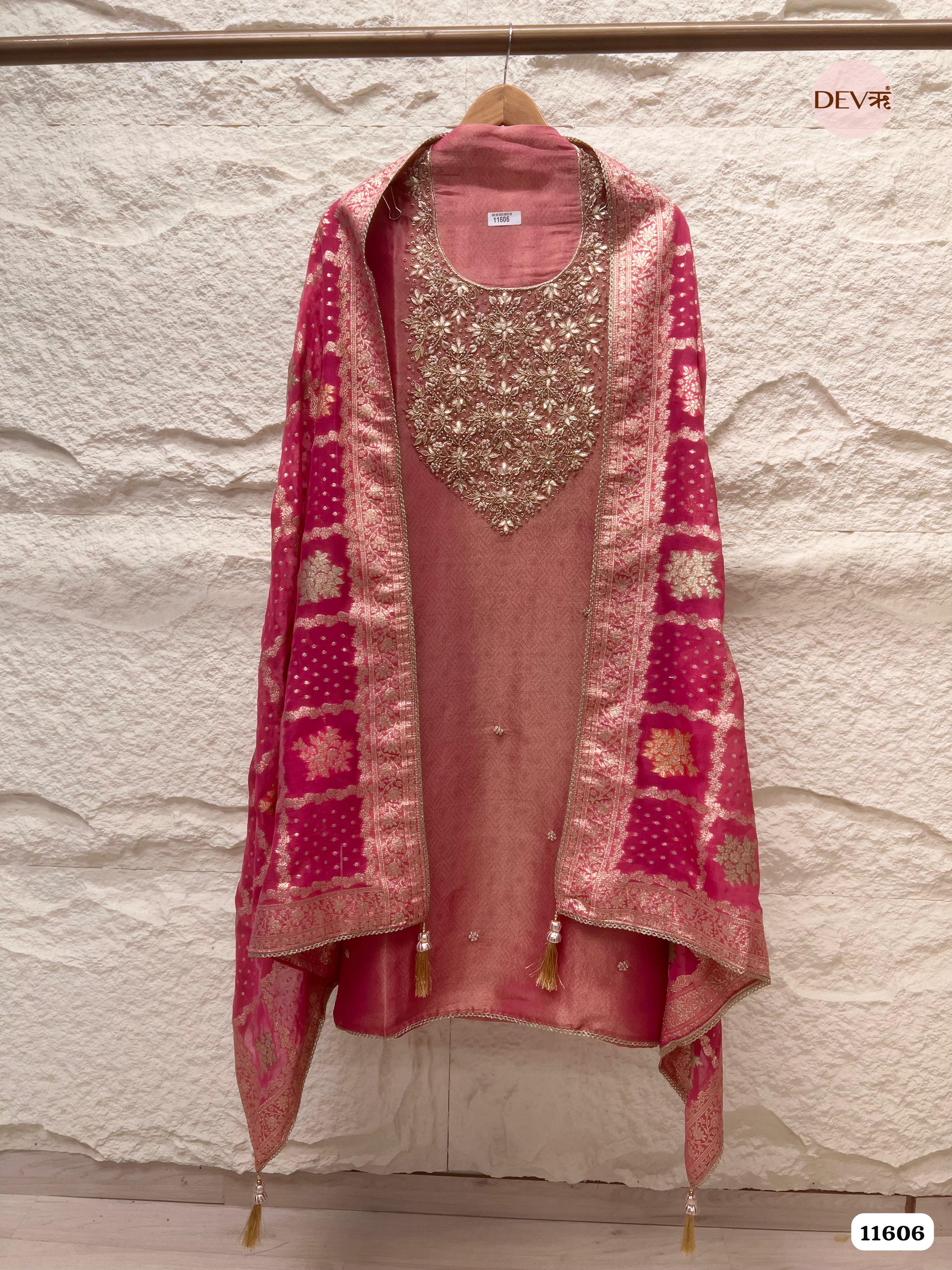 Crimson Pink Pure Tissue Banarasi Silk Unstitched Hand Embroidered -Set Of 3 {11606}