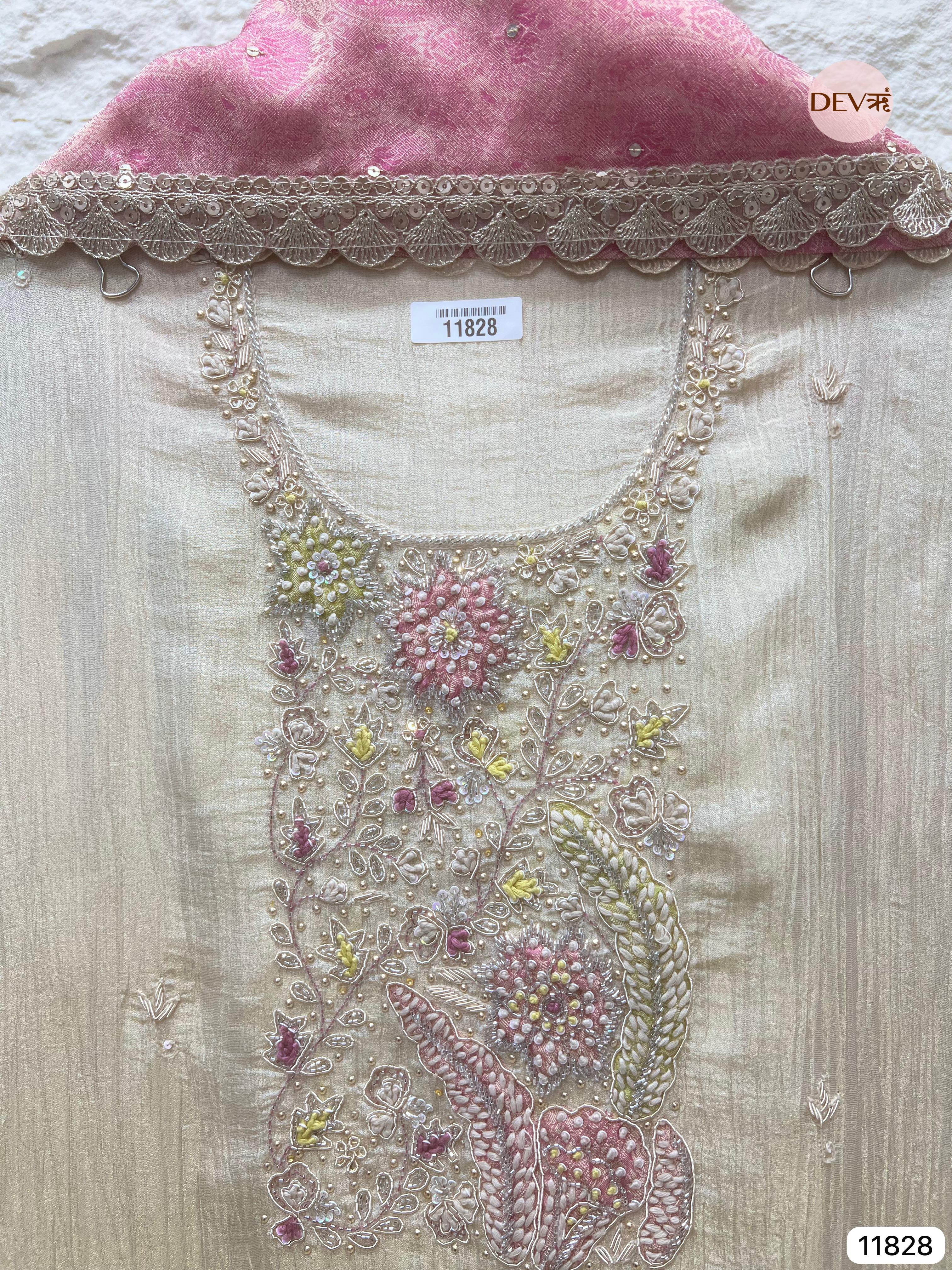 Off White Pure Tissue Crush Silk Unstitched Hand Embroidered -Set Of 3 - {11828}