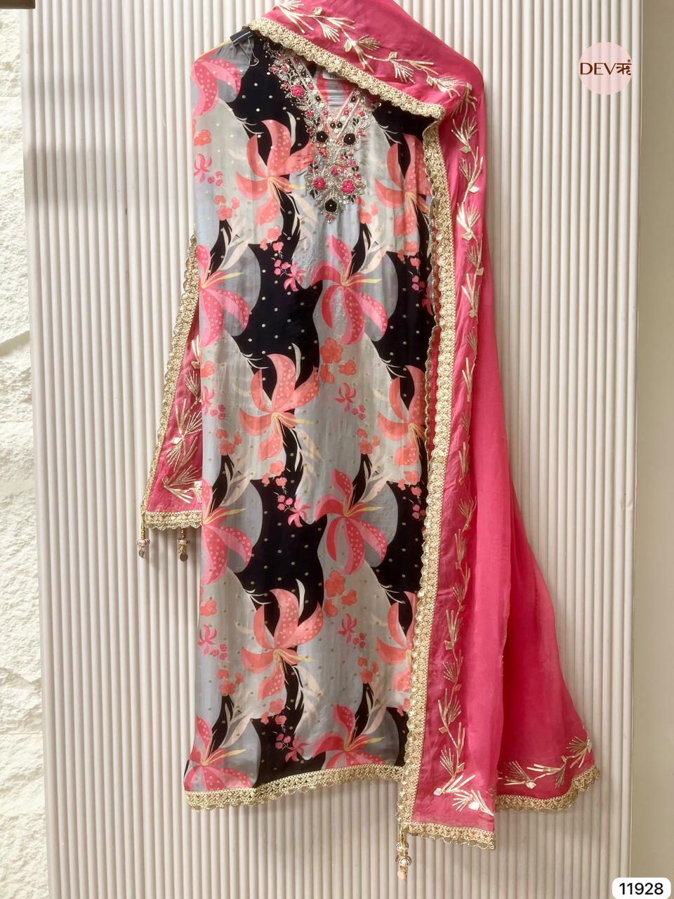 Pink Glass Tissue Silk Unstitched Printed Hand Embroidered -Set Of 3 - {11928}