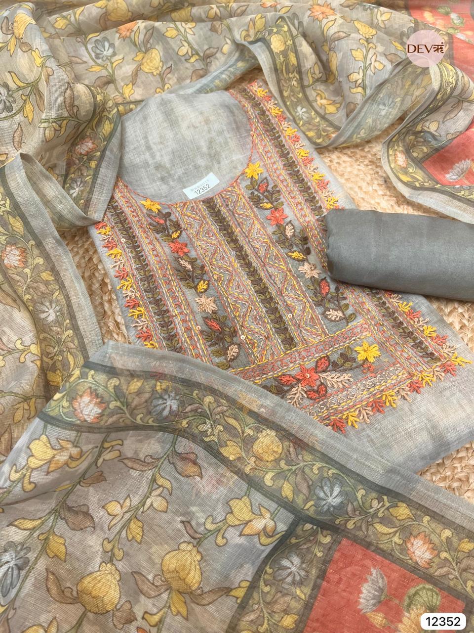 Olive Grey Linen Hand Embroidered Unstitched 3-Piece Suit (Devri – D.No 12352)