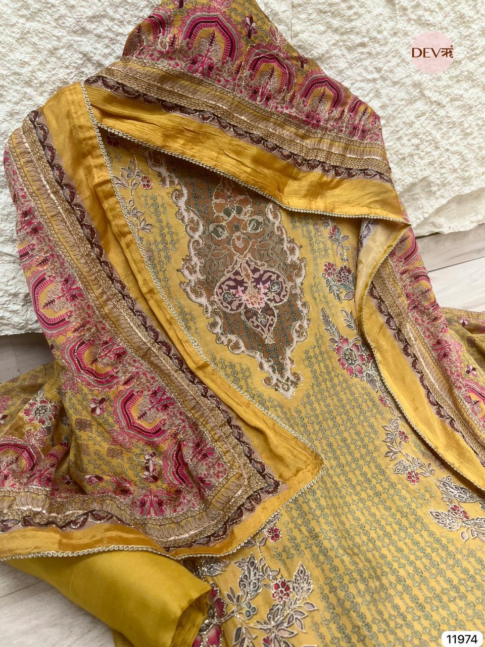 Mustard Gold Pure Muslin Printed Unstitched 3-Piece Suit (Devri – D.No 11974)