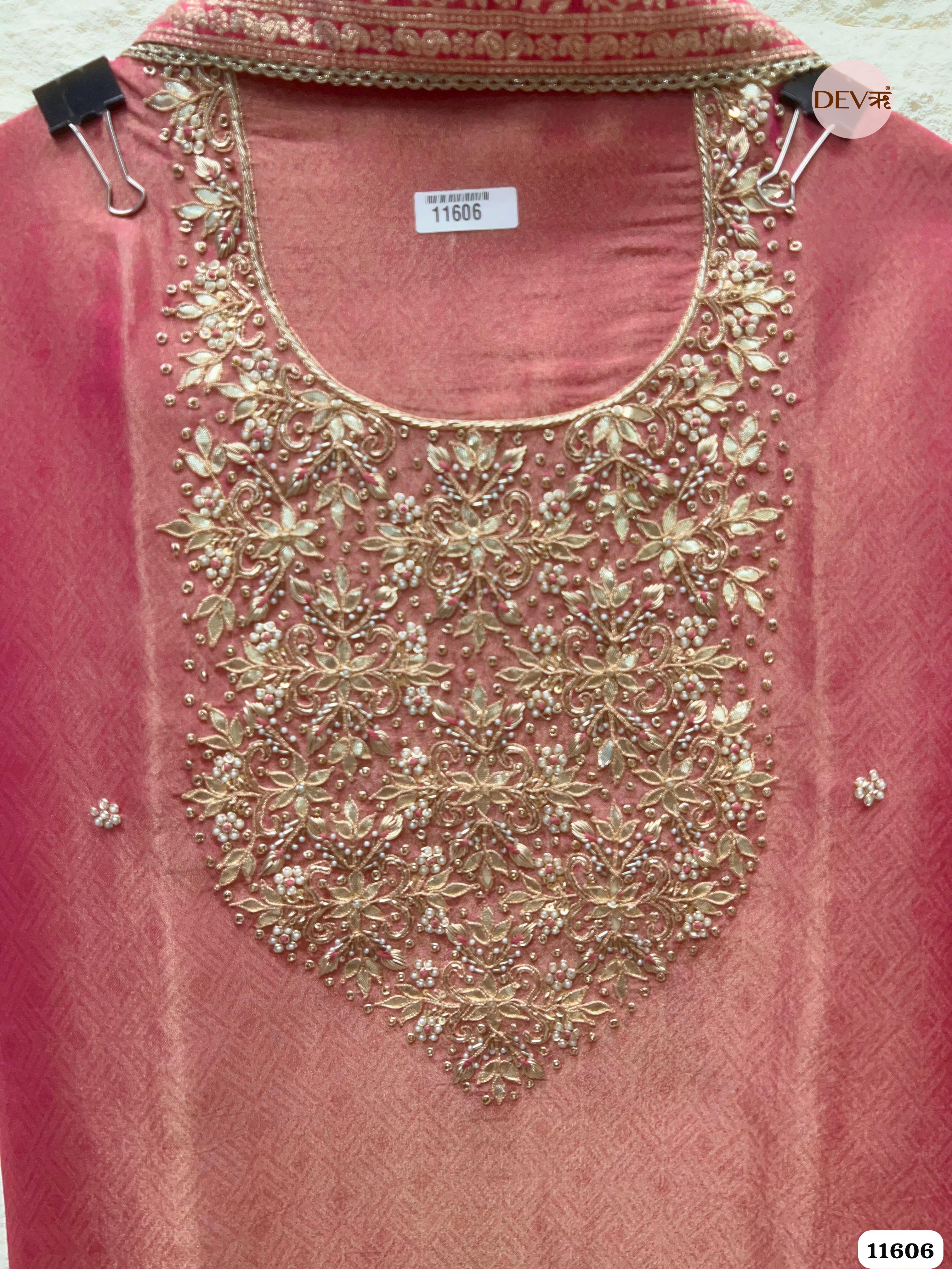 Crimson Pink Pure Tissue Banarasi Silk Unstitched Hand Embroidered -Set Of 3 {11606}