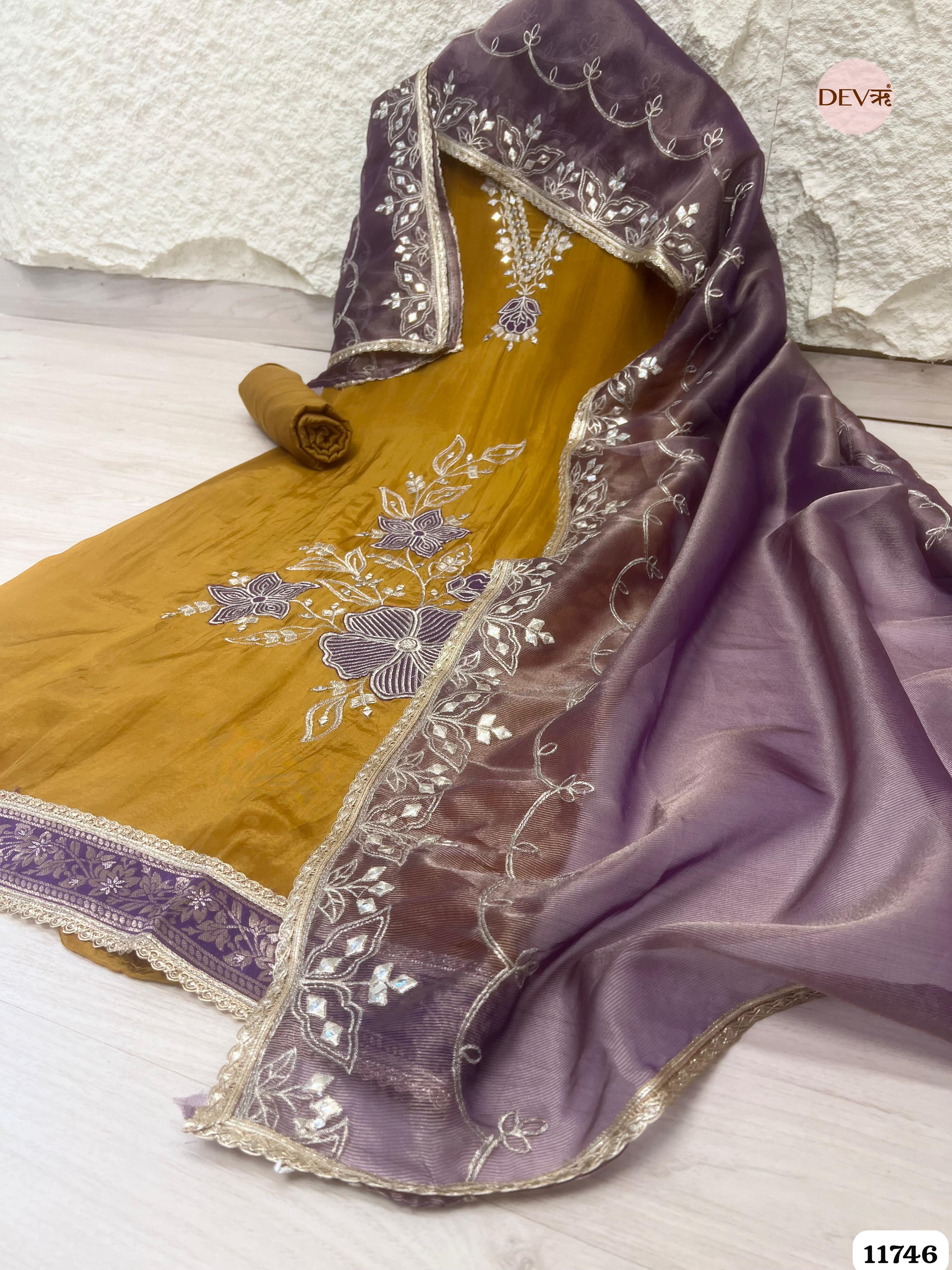 Golden Tissue Glass Silk Unstitched Hand Embroidered -Set Of 3 {11746}