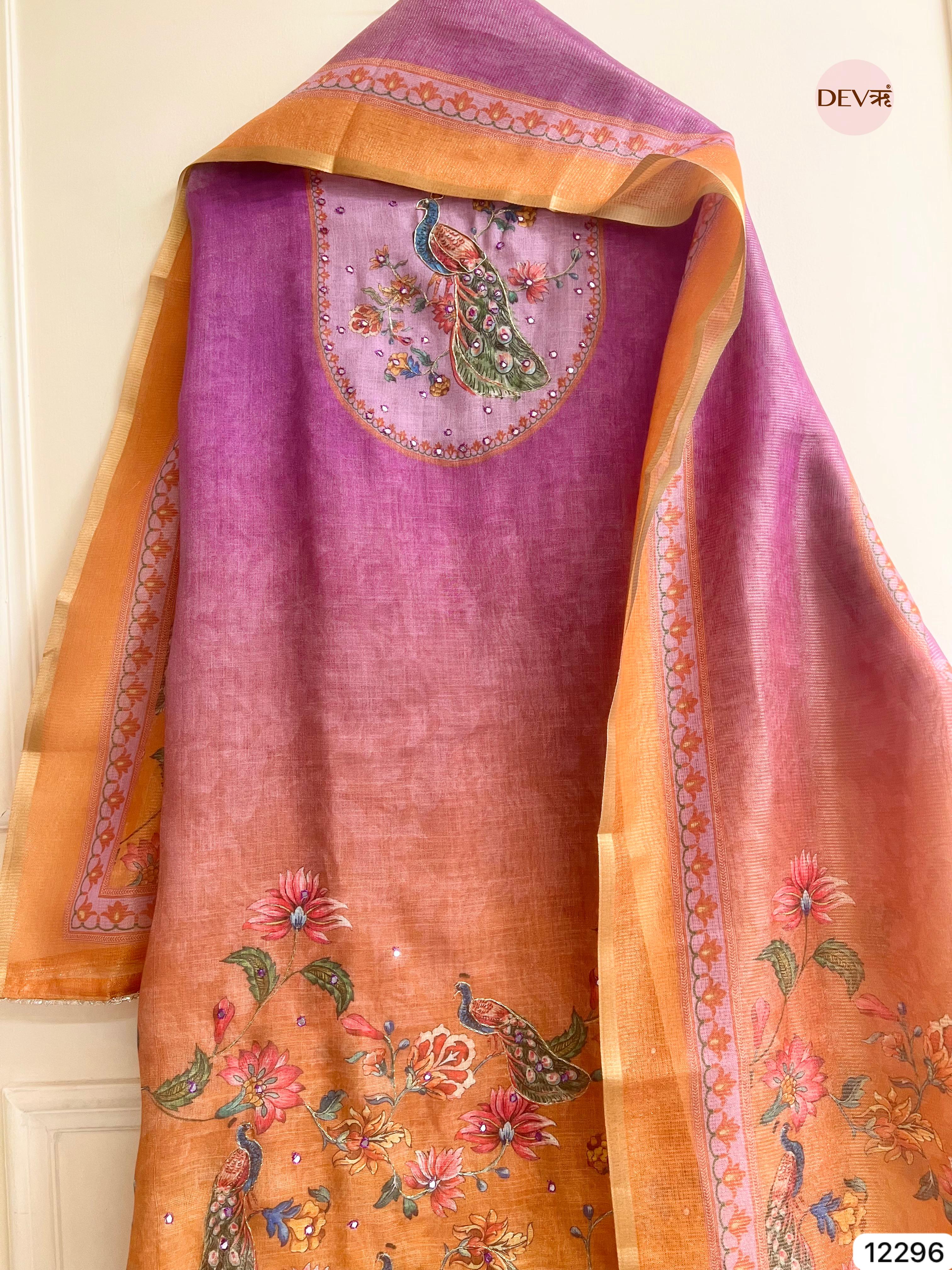 Lavender Peach Linen Printed Unstitched 3-Piece Suit (Devri – D.No 12296)