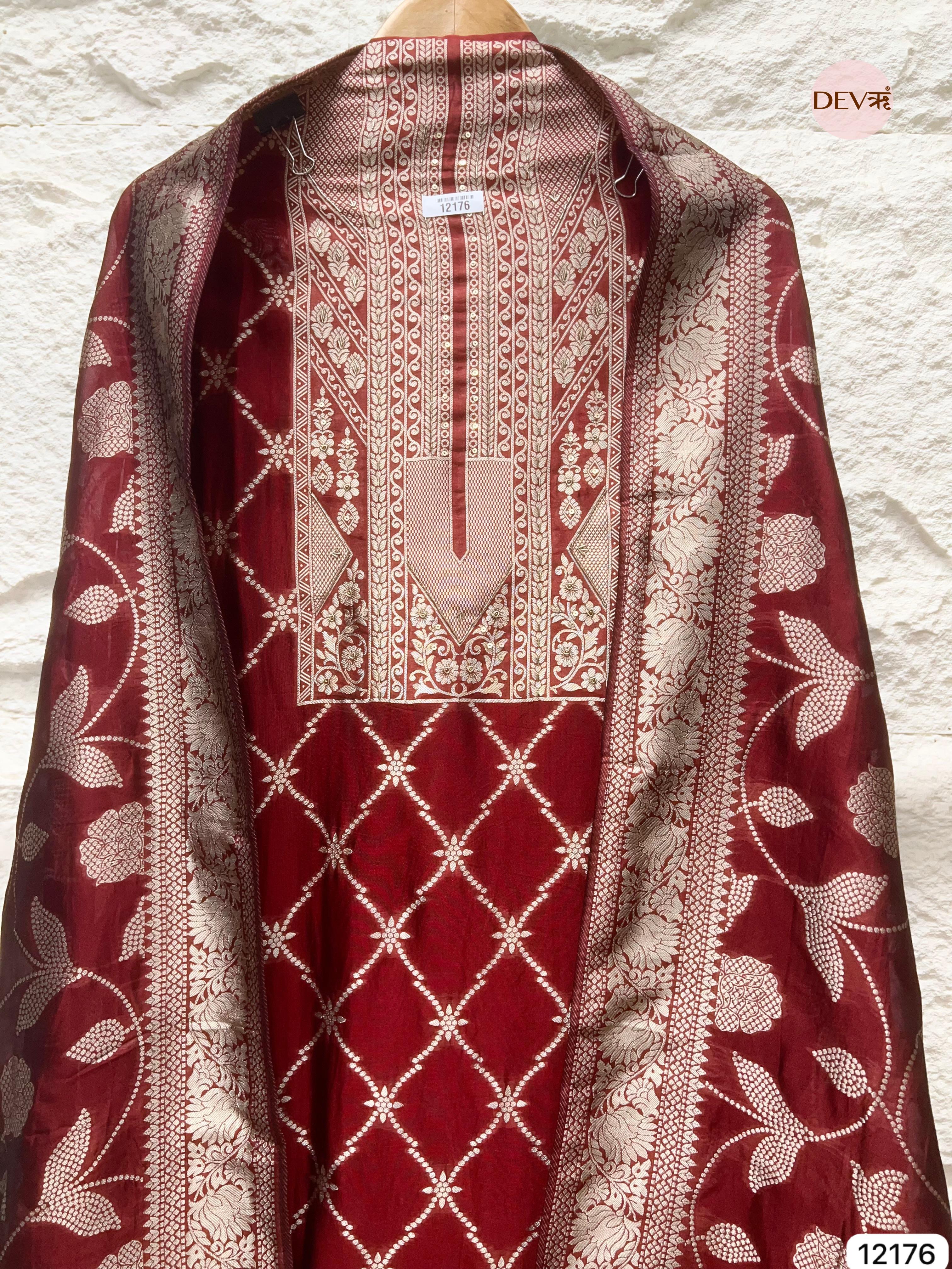 Red Pure Banarasi Silk Unstitched Hand Embroidered-Set of 3- {12176}
