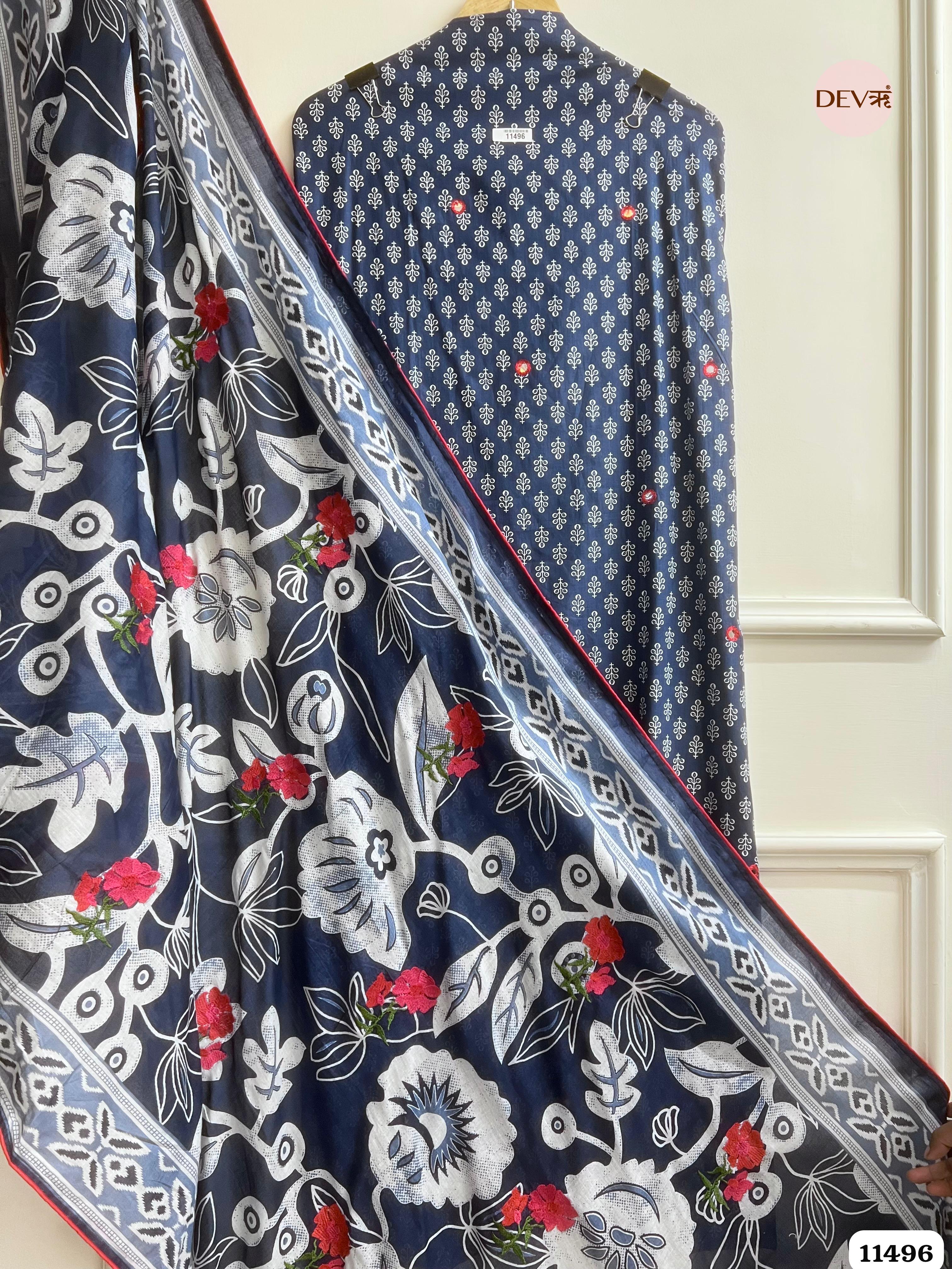 Navy Blue Mul Cotton Unstitched Printed Hand Embroidered -Set Of 3 {11496}