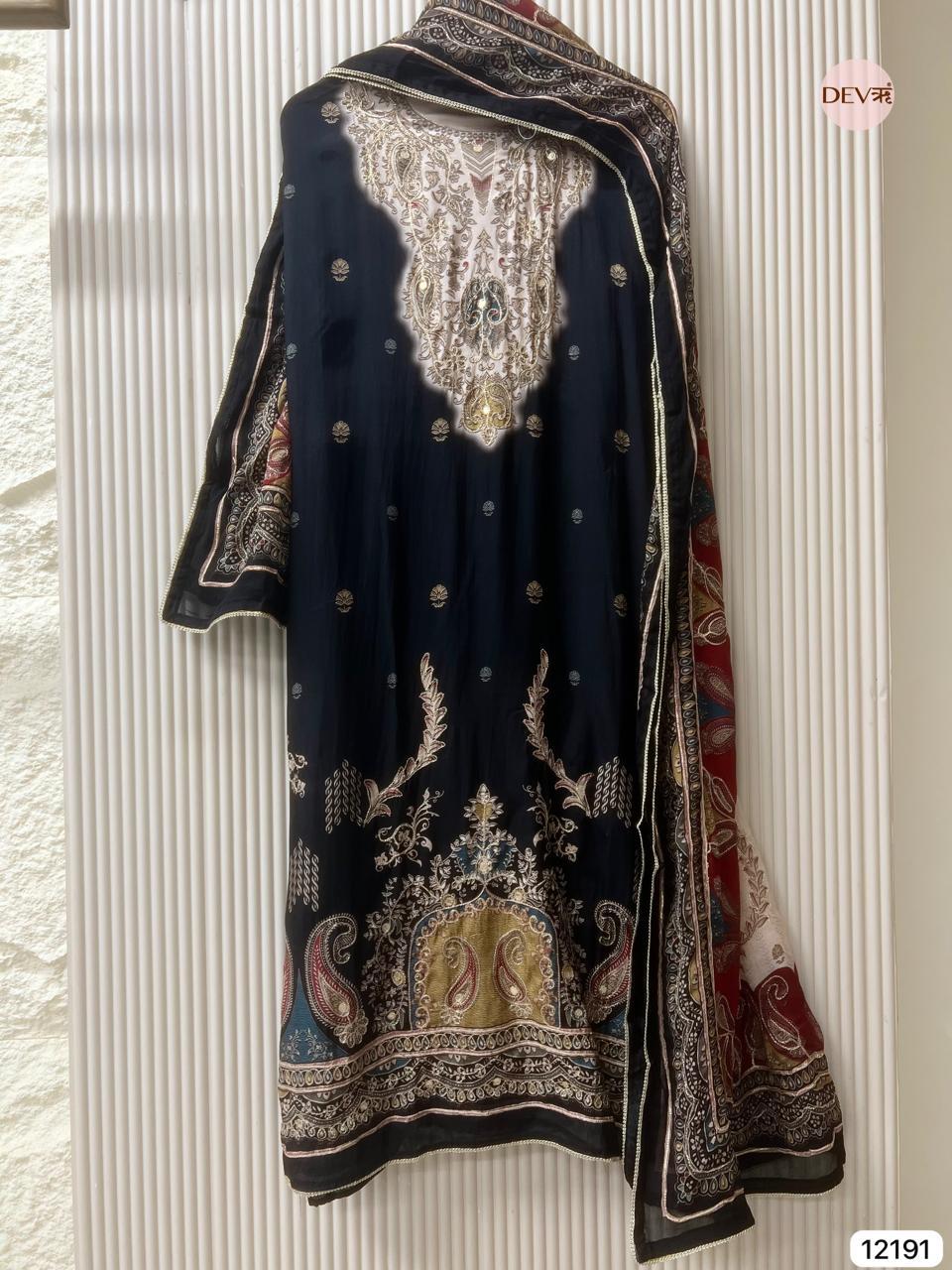 Black Muslin Embroidered Unstitched 3-Piece Suit (Devri – D.No 12191)