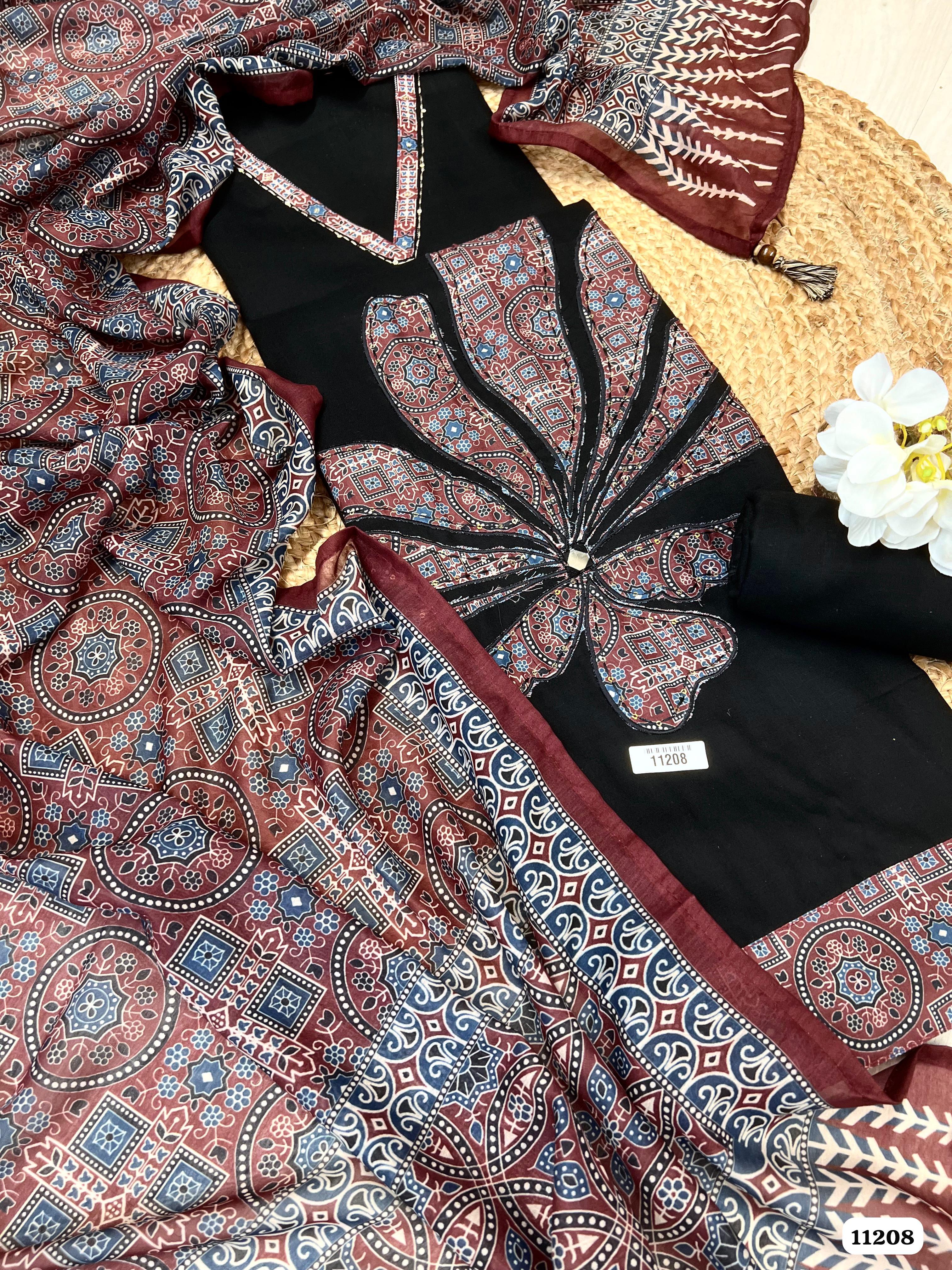 Black Cotton Slub Unstitched Printed -Set Of 3 - {11208}