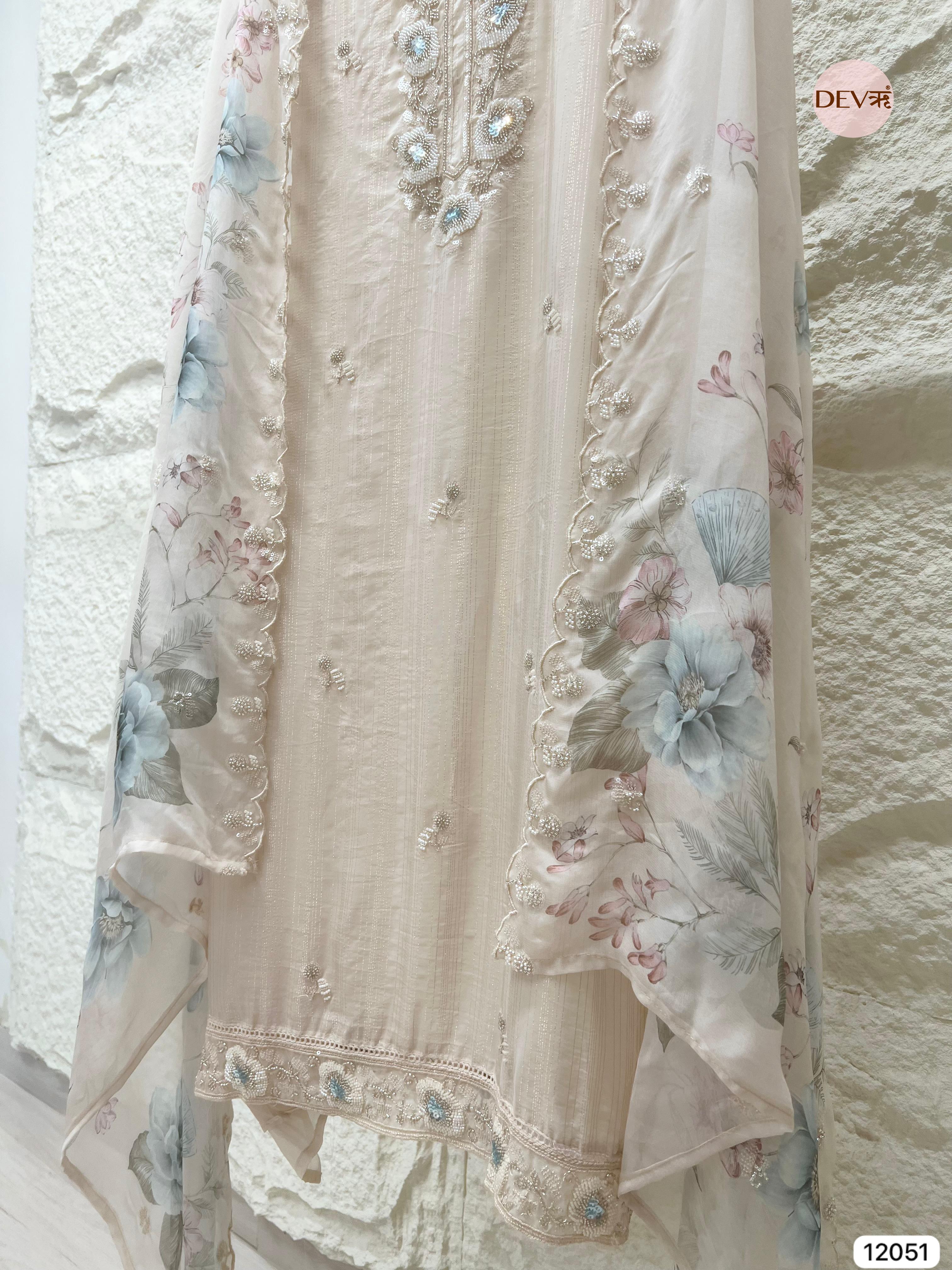 Off White Pure Organza Woven Unstitched Hand Embroidered -Set Of 3 - {12051}