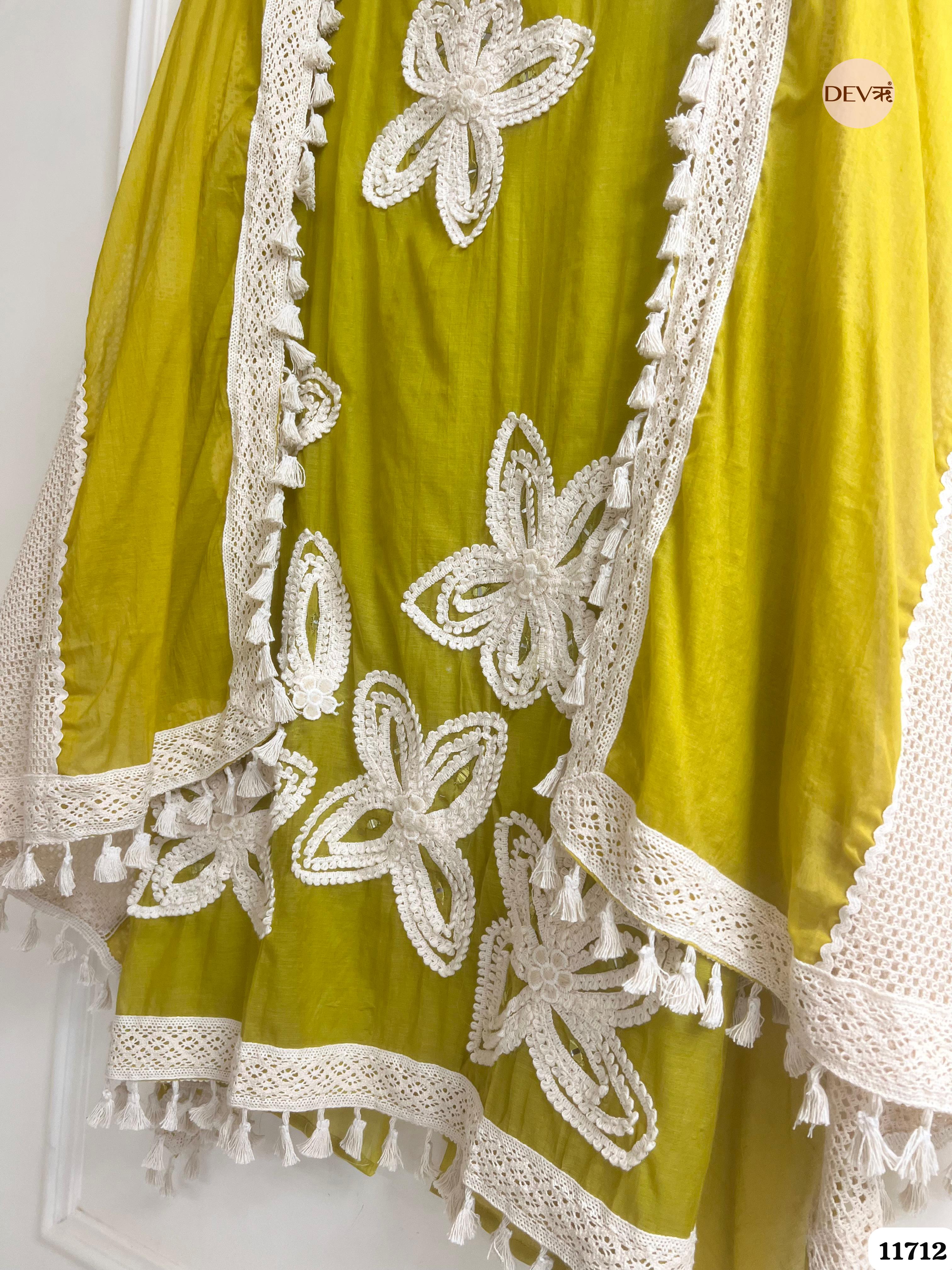 Green Mul Chanderi Unstitched Hand Embroidered -Set Of 3 {11712}