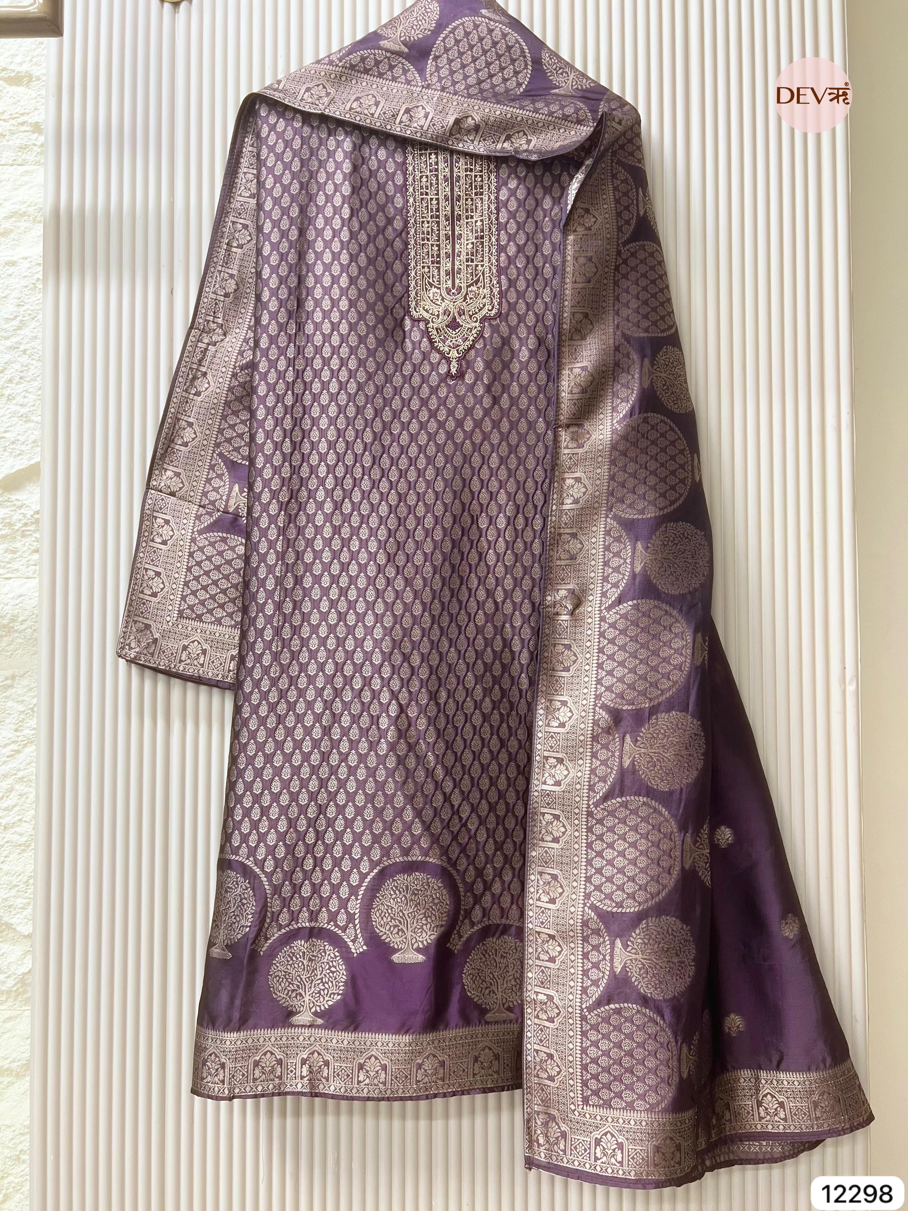 Plum Pure Banarasi Silk Woven Unstitched 3-Piece Suit (Devri – D.No 12298)