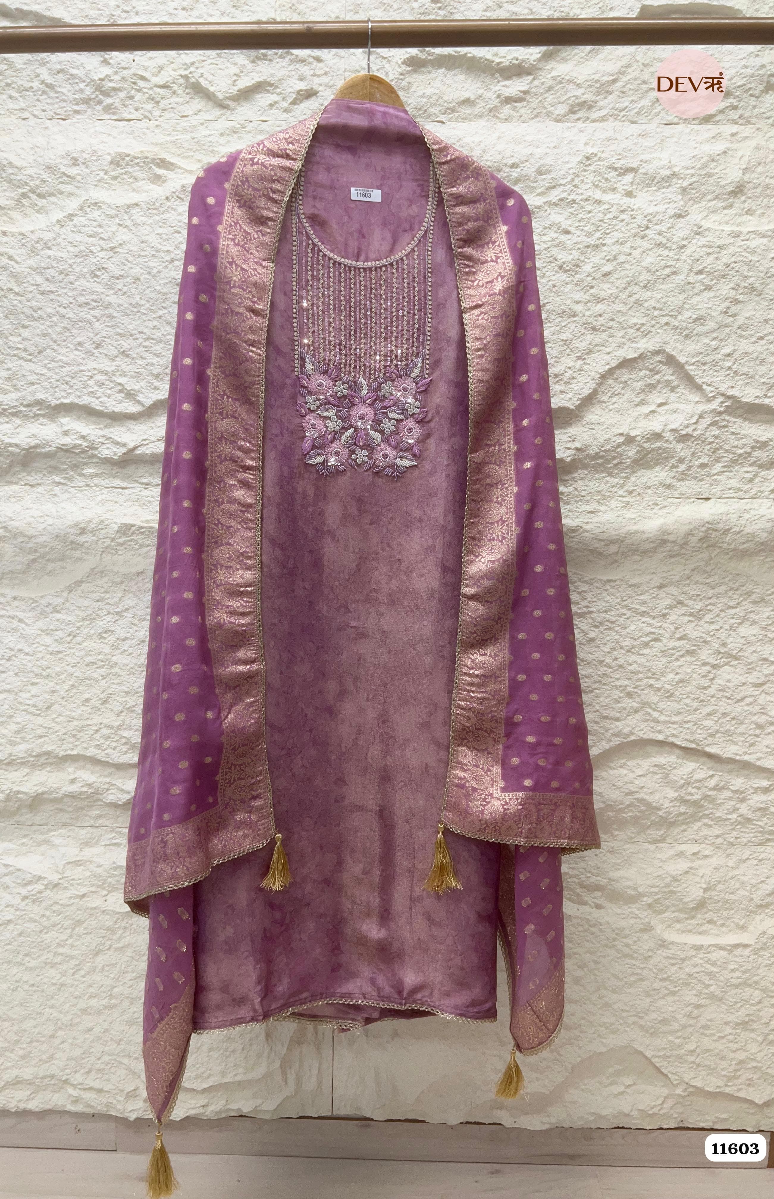 Purple Tissue Silk Unstitched Hand Embroidered -Set Of 3 {11603}