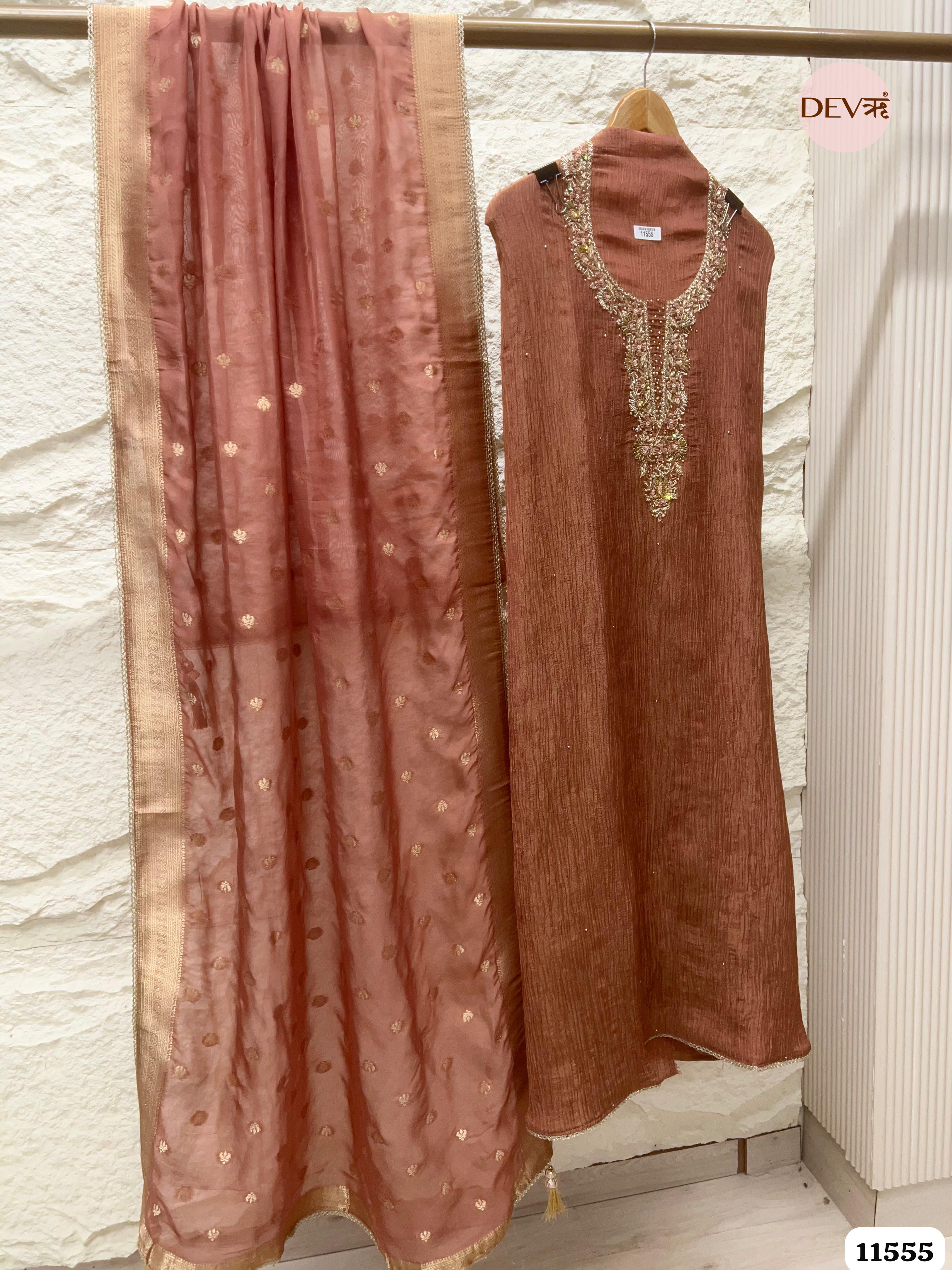 Reddish-Brown Pure Tissue Crush Silk Unstitched Hand Embroidered -Set Of 3 {11555}