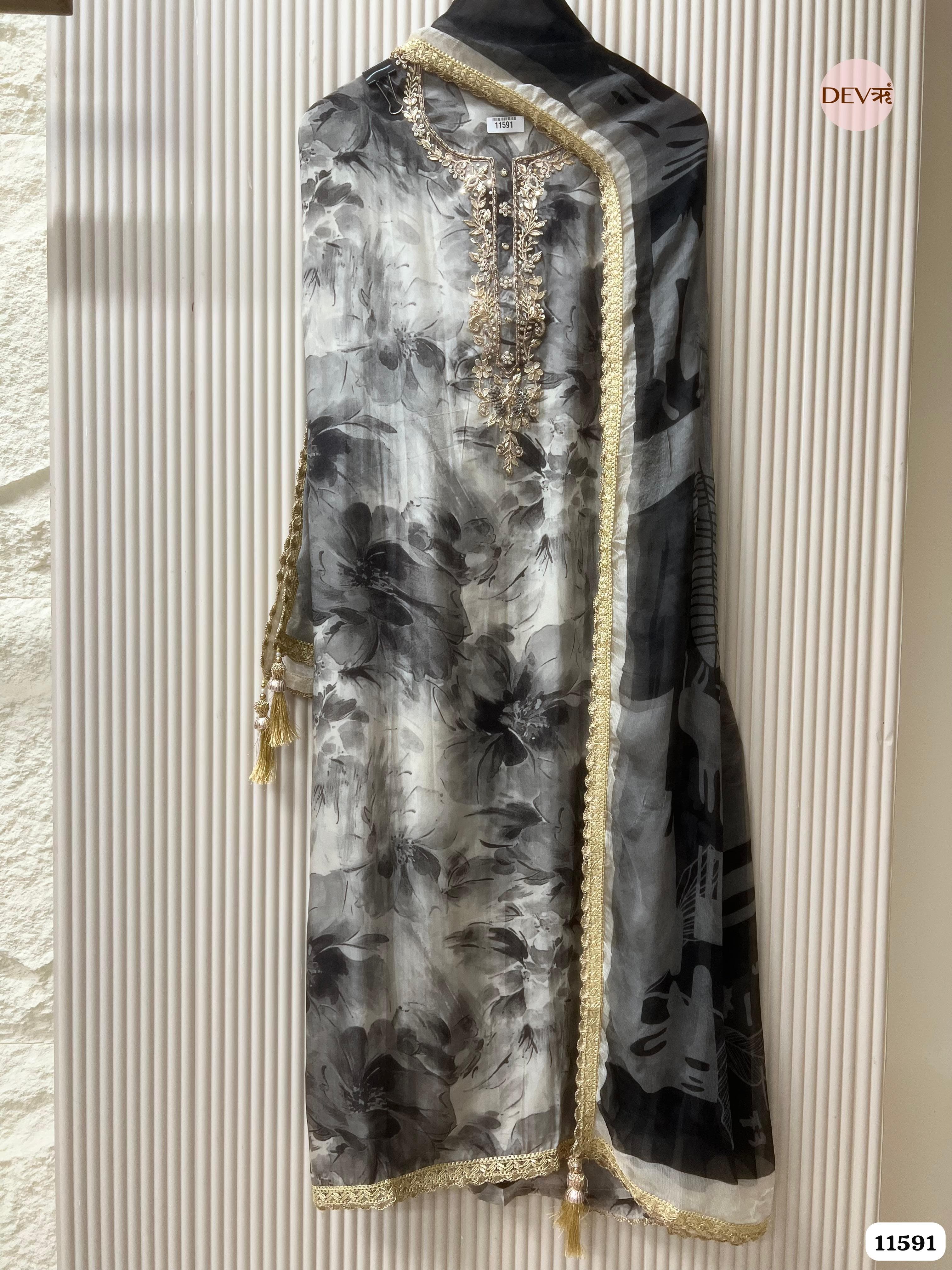 Black Pure Organza Silk Unstitched Hand Embroidered -Set Of 3 {11591}