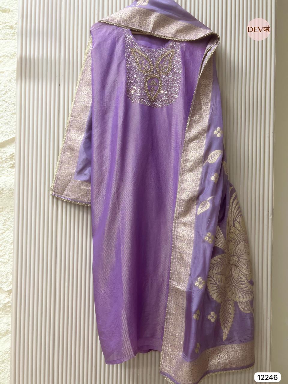 Lavender Tissue Shimmer Silk Embroidered Unstitched 3-Piece Suit (Devri – D.No 12246)