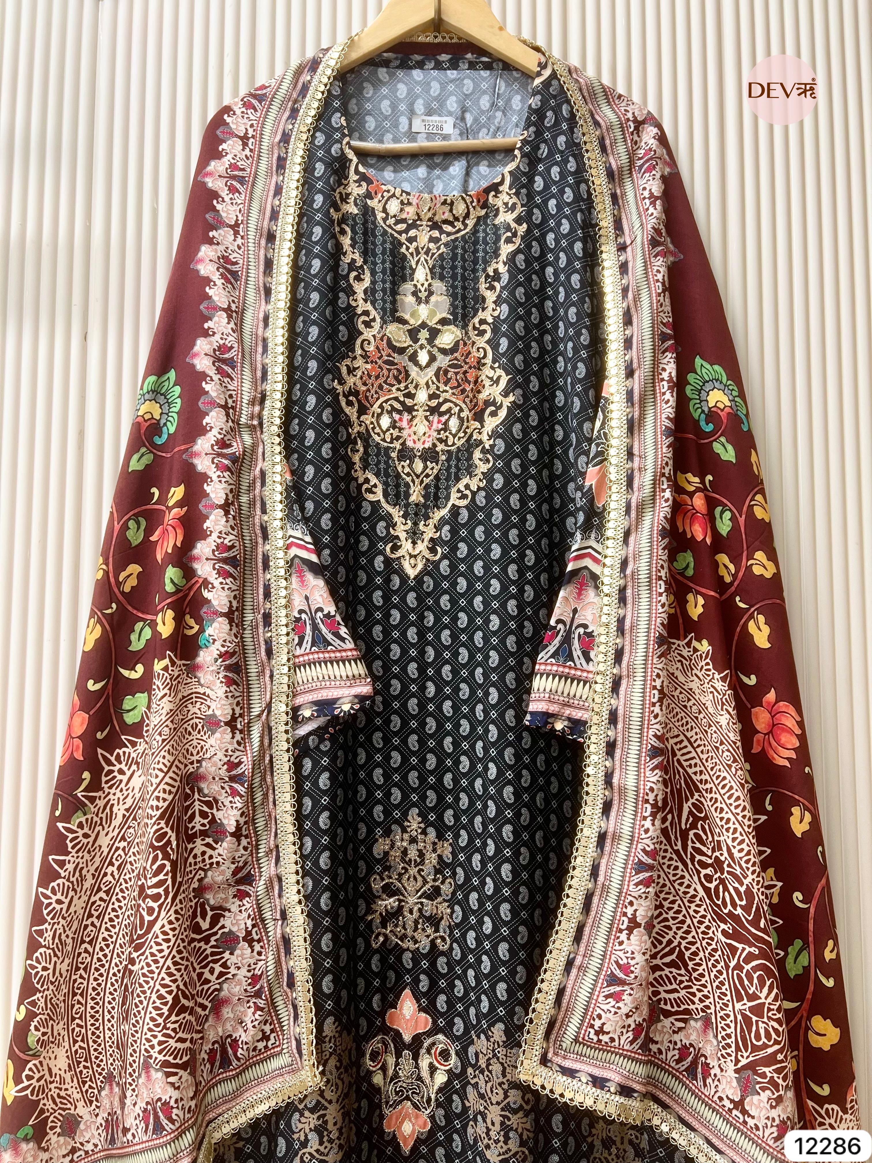 Black Muslin Printed Unstitched 3-Piece Suit (Devri – D.No 12286)