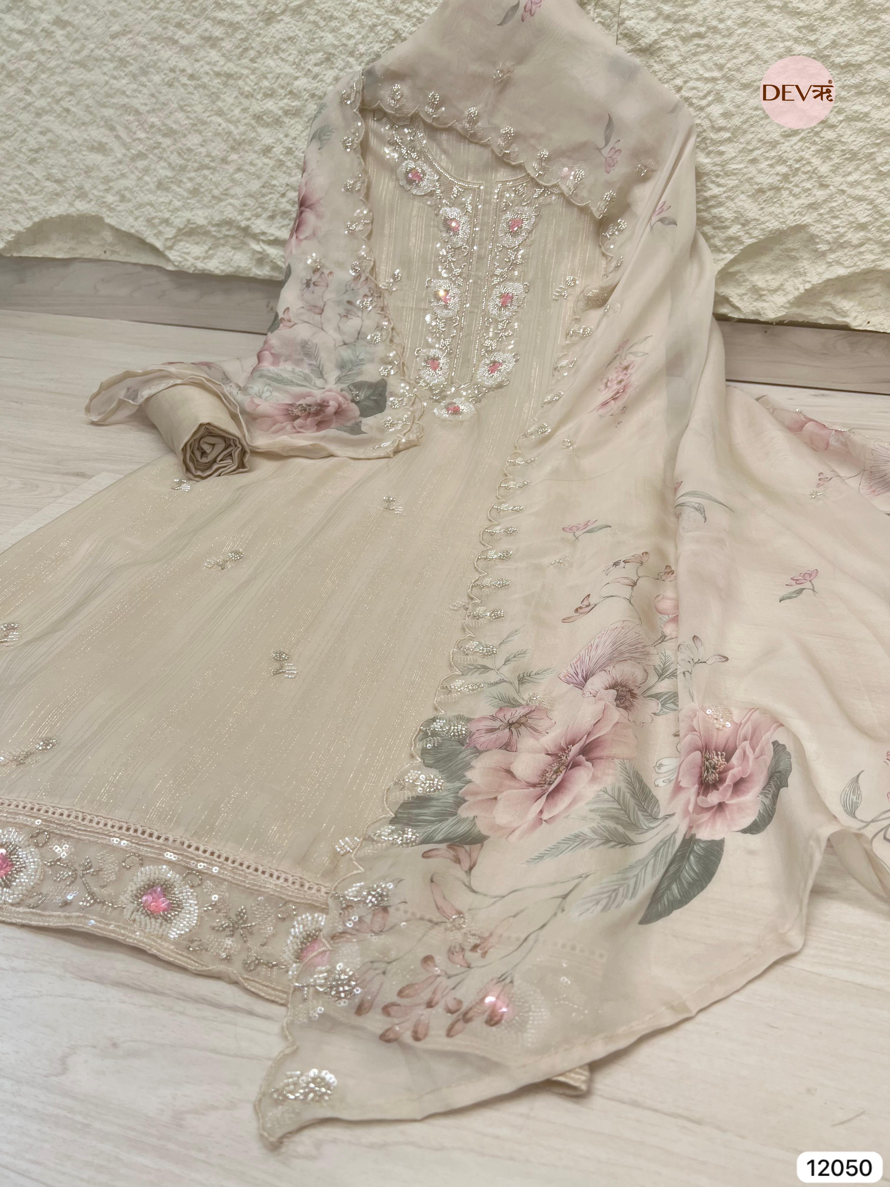 Off White Pure Organza Woven Unstitched Hand Embroidered -Set Of 3 - {12050}