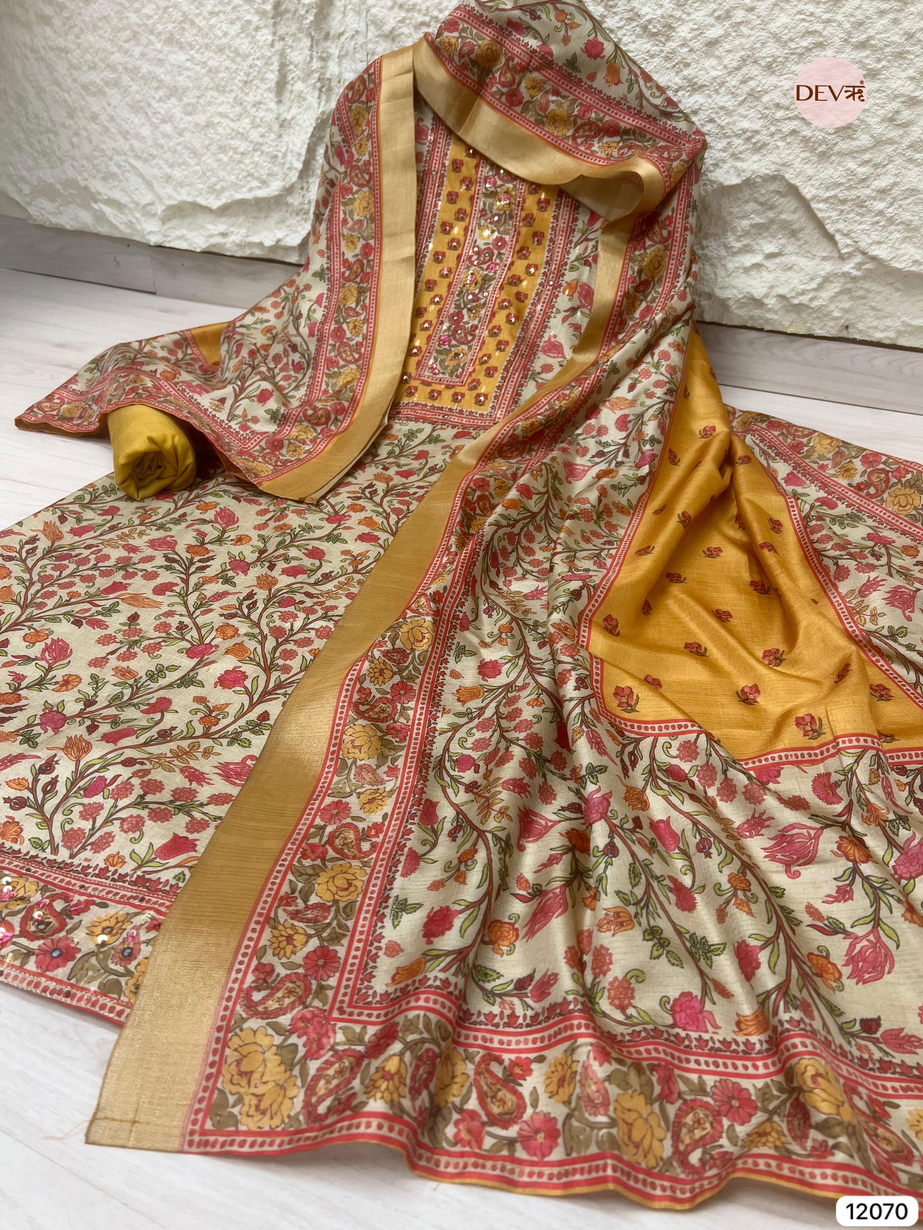 Multi colour Tissue Khadi Silk Printed Unstitched Hand Embroidered -Set Of 3 - {12070}