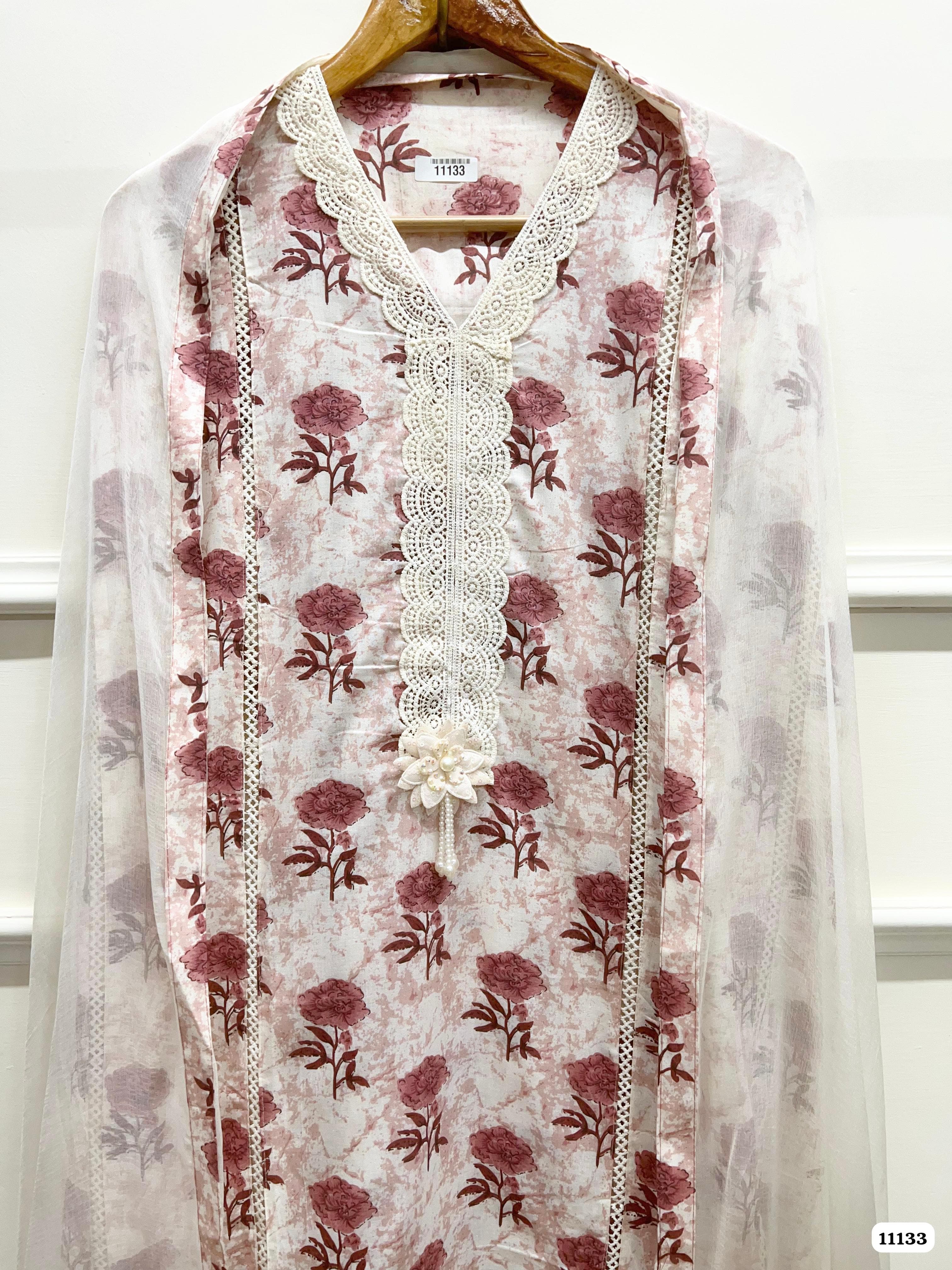 White Cotton Unstitched Printed Embroidered -Set Of 3