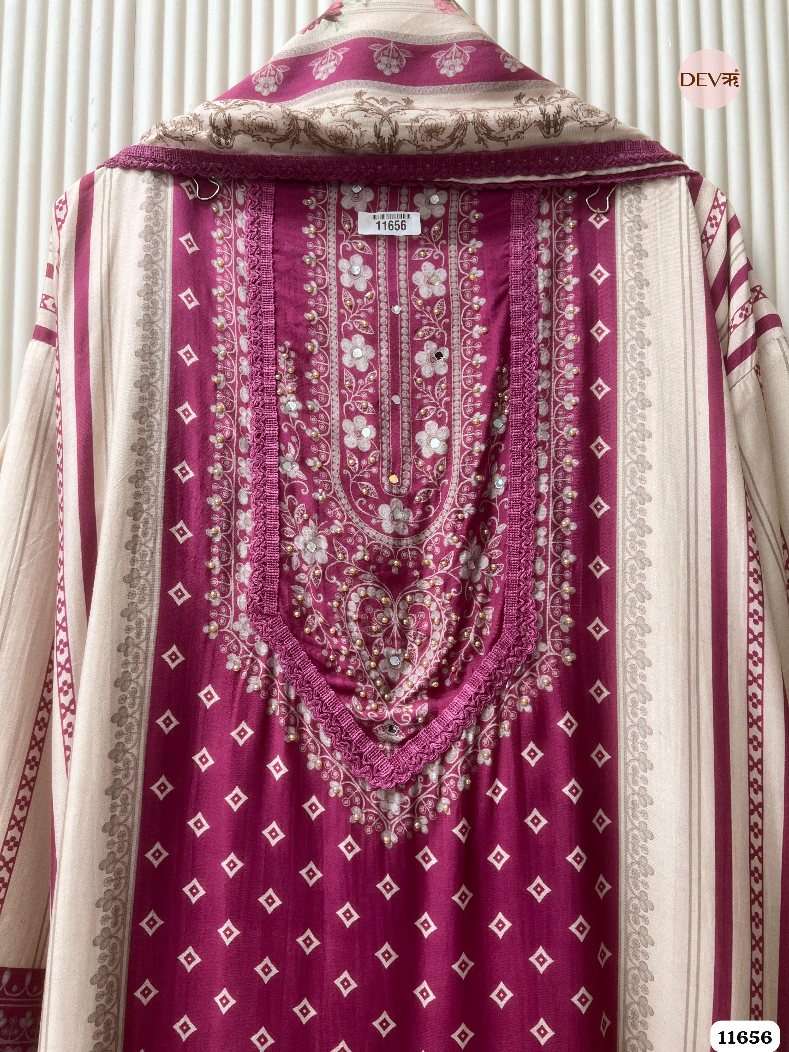 Magenta Pink Muslin Printed Semi Stitched Hand Embroidered -Set Of 3 {11656}