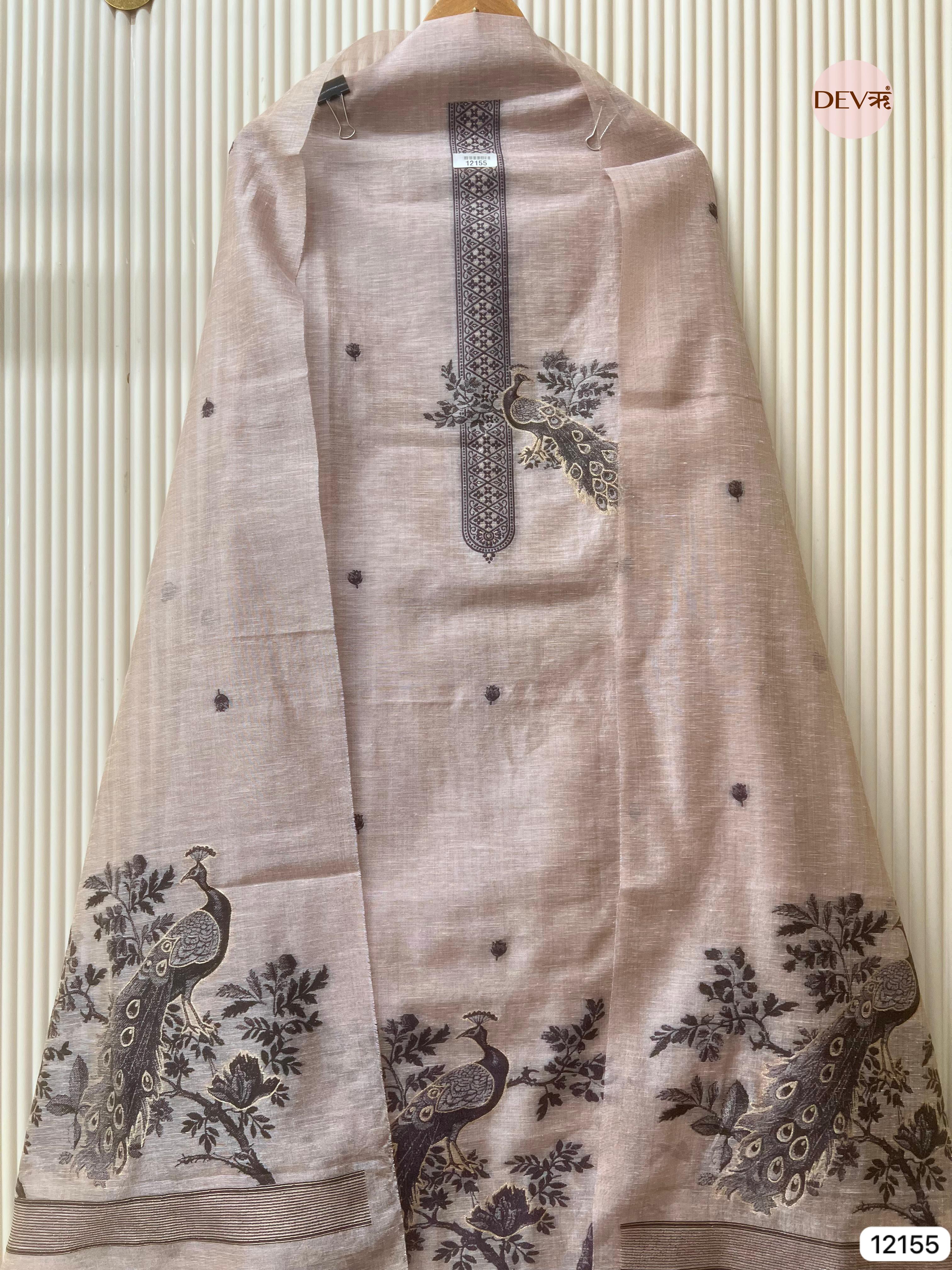 Light Brown Pure Jamdani Linen Unstitched-Set Of 3 - {12155}