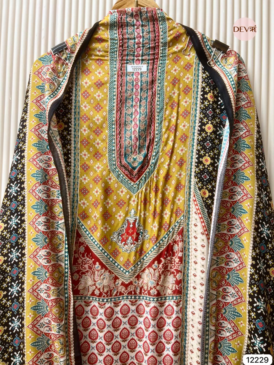 Multicolour Pure Muslin Printed Unstitched 3-Piece Suit (Devri – D.No 12229)